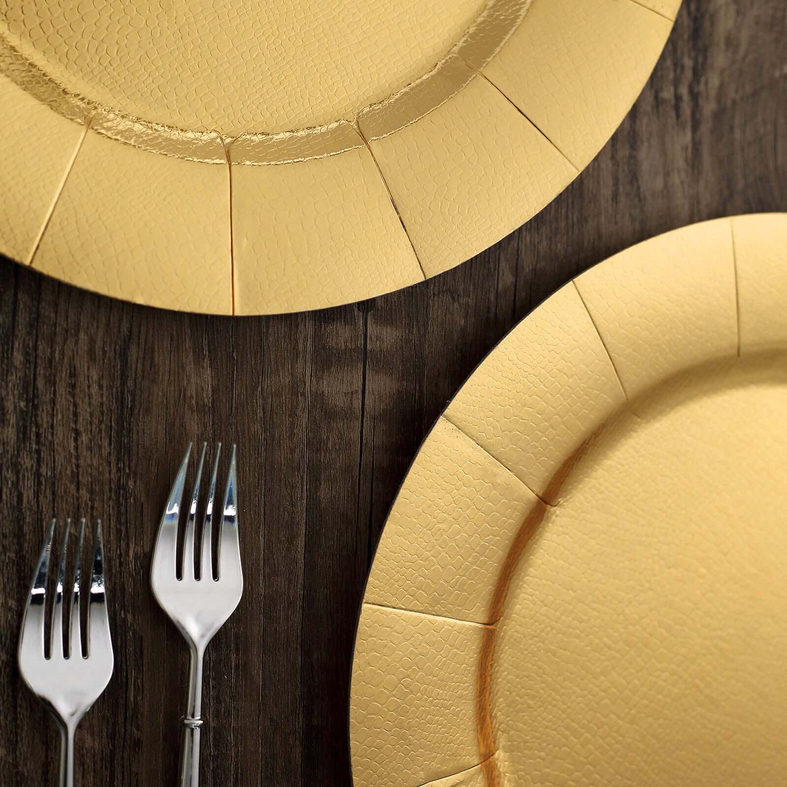 10-Pack Disposable Round Charger Plates in Gold with Leathery Texture - Durable 1100GSM Cardboard Placemats 13