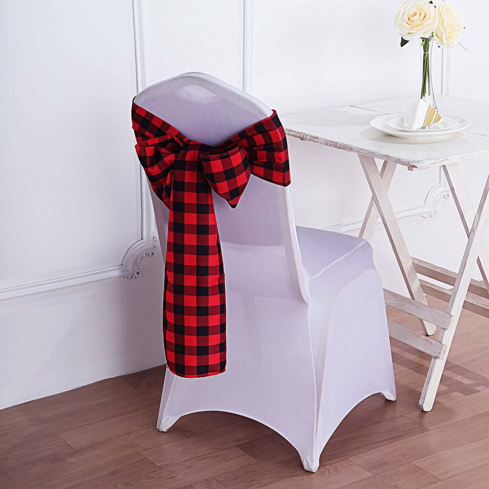 5 Pack Polyester Chair Sashes Black/Red Buffalo Plaid - Durable & Reusable Chair Bows 6x108