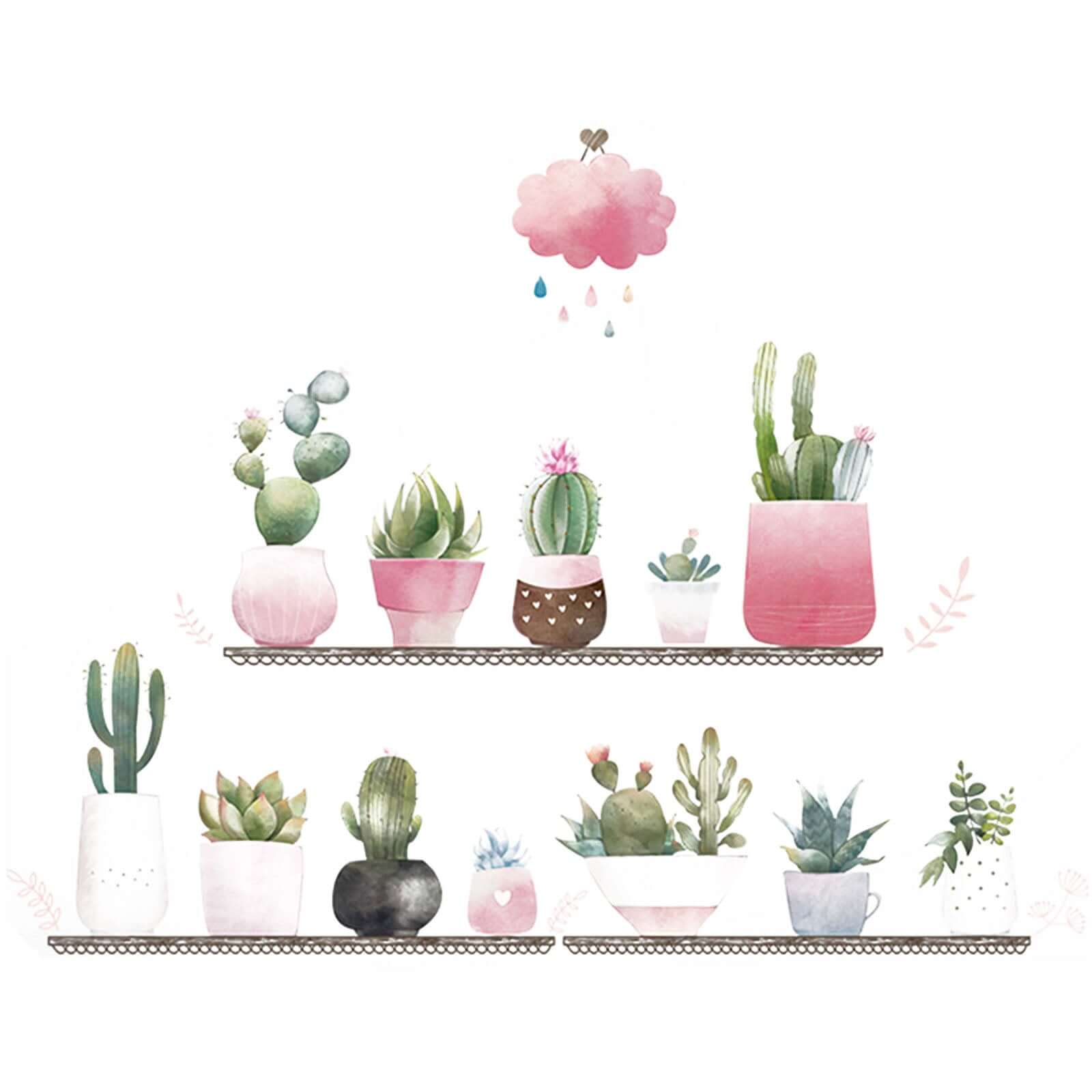 Succulent Potted Plants on Shelf Wall Decals, Peel and Stick Decor Stickers