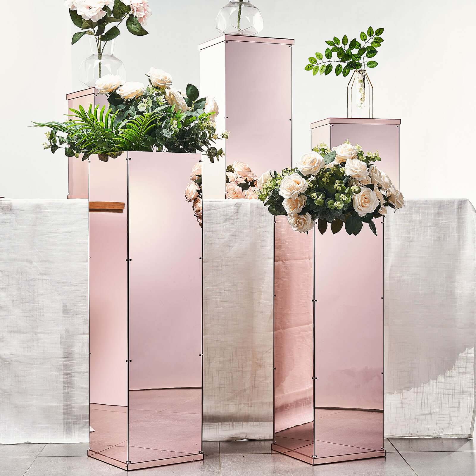 Set of 5 Rose Gold Mirror Finish Acrylic Display Boxes, Pedestal Risers with Interchangeable Lid and Base - 12,16,24,32,40