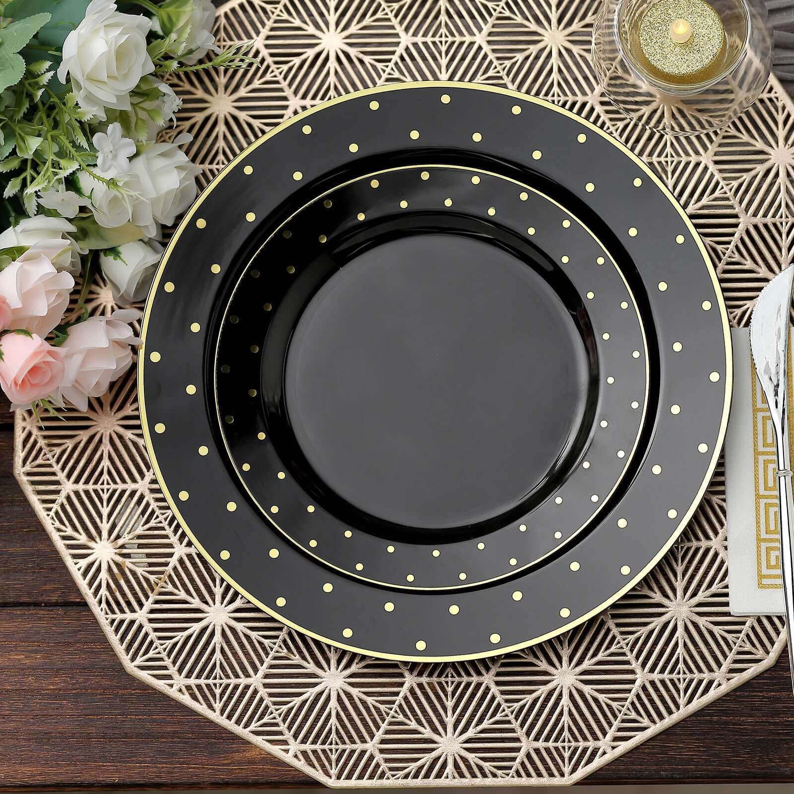 10 Pack 7.5 Black With Gold Dot Rim Plastic Dessert Plates, Round Salad Disposable Tableware Plates