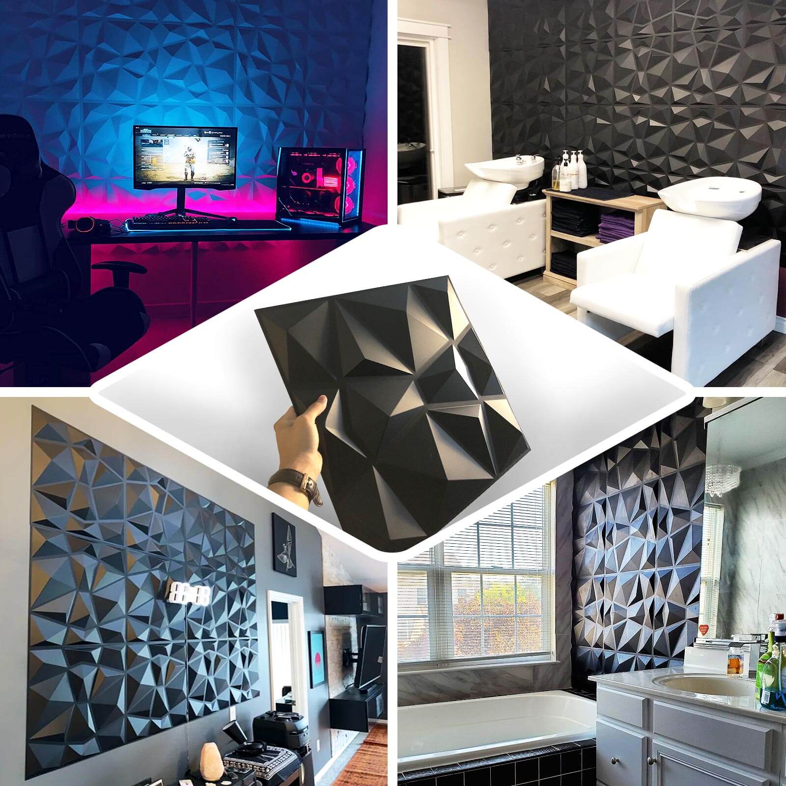 12 Pack 20x20 Matte Black 3D Texture PVC Diamond Design Wall Tiles, Stick On Waterproof Wall Panels