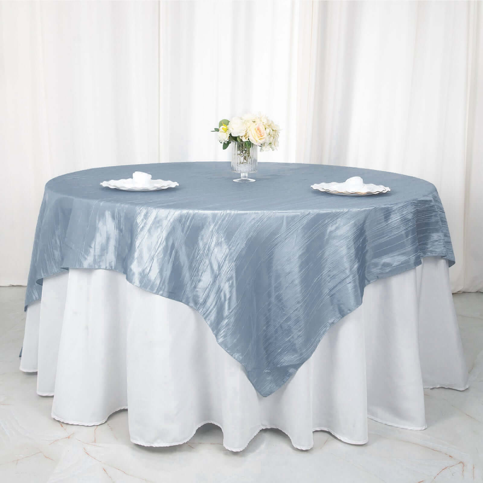 Taffeta 90x90 Table Overlay Square Tablecloth Dusty Blue - Accordion Crinkle Table Cover