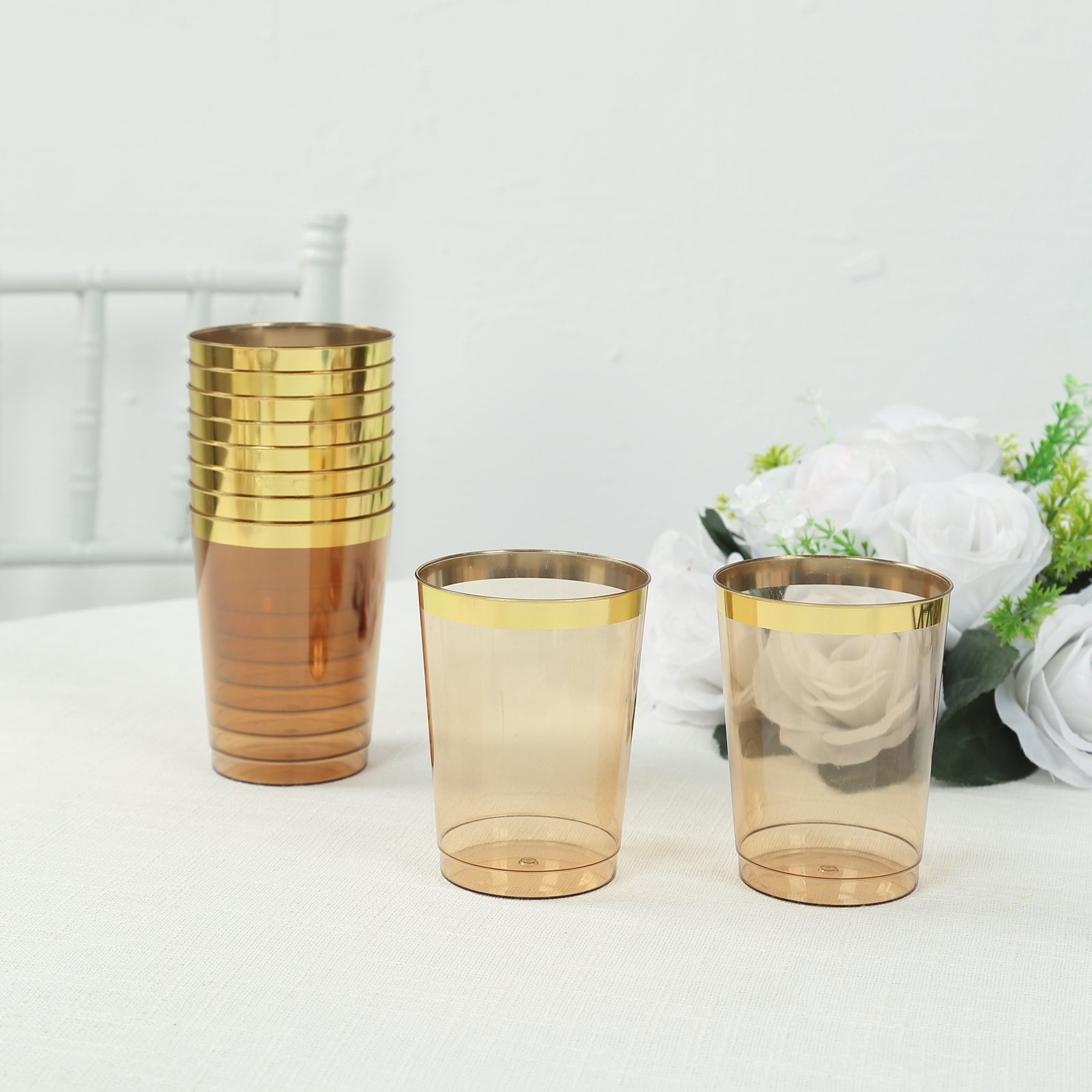 25-Pack Plastic Tumbler Cups Transparent Amber Gold with Gold Rim - Stylish Disposable Party Glasses 10oz