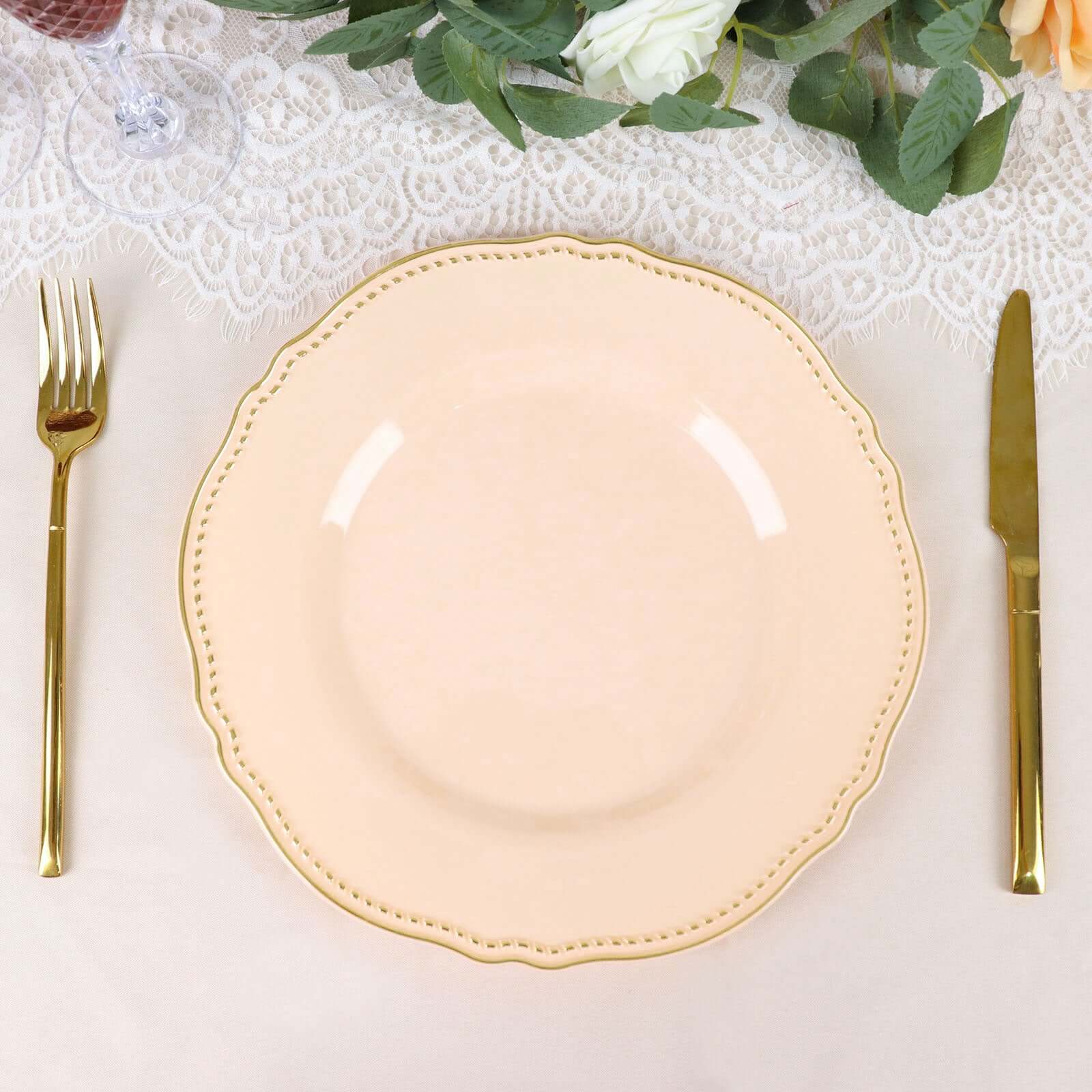 10-Pack Plastic 10 Dinner Plates in Nude with Gold Scalloped Rim - Disposable Large Party Plates