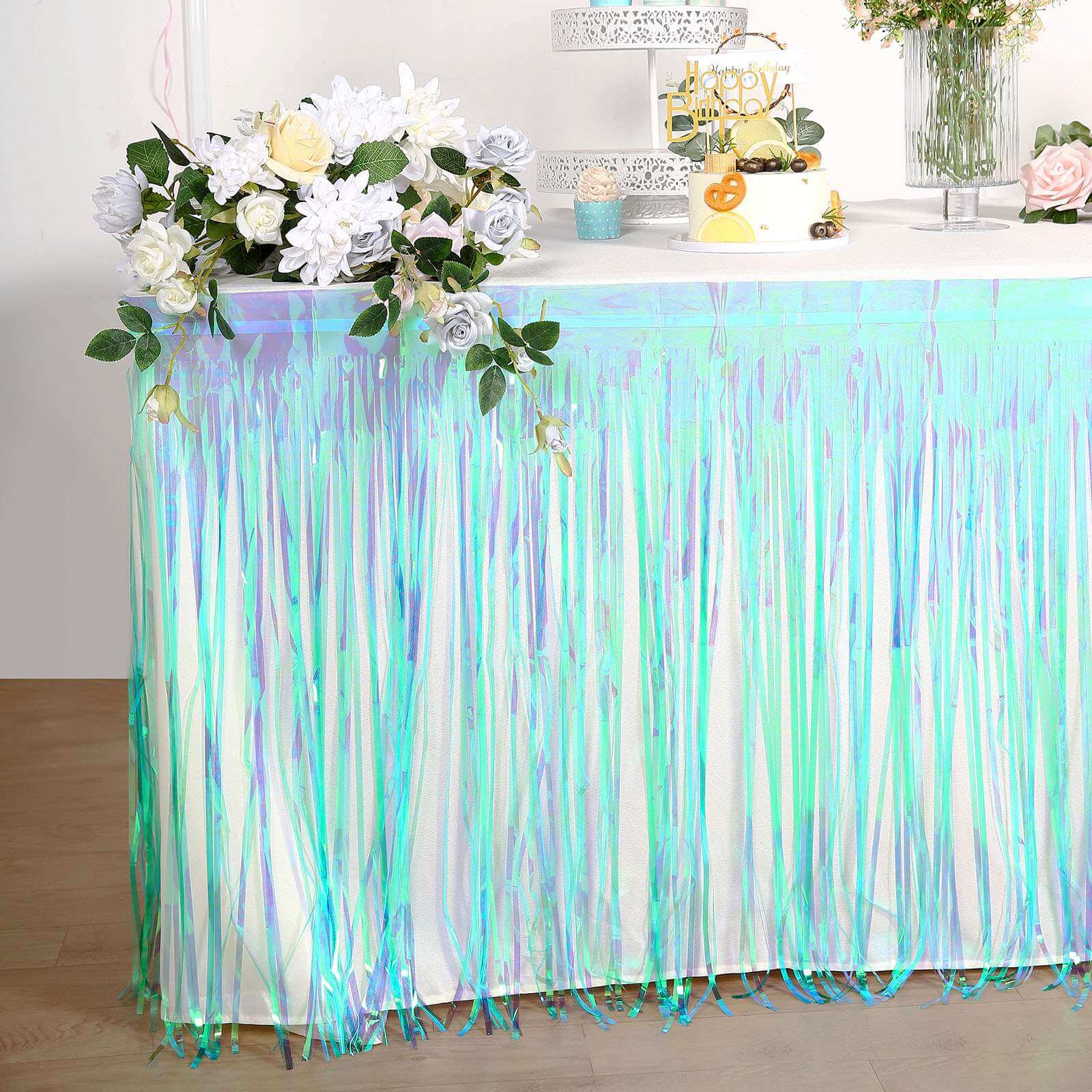 Metallic Foil Fringe Table Skirt Iridescent Blue with Self Adhesive Backing - Durable Tinsel Skirt for Parties 30x9ft