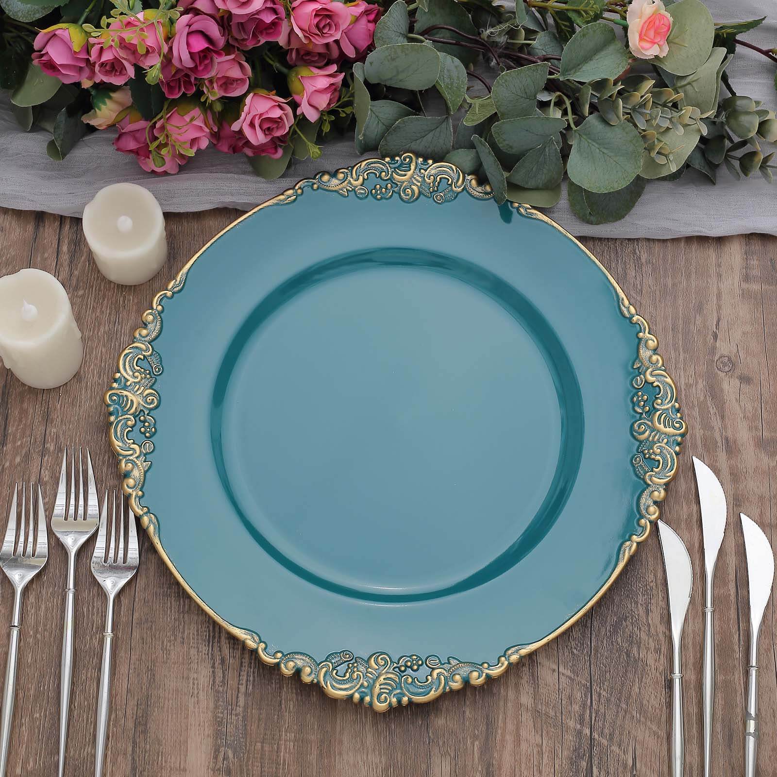 6-Pack Acrylic Round Charger Plates 13 in Peacock Teal with Gold Embossed Baroque Rim, Antique Decorative Dinner Party Charger Tableware