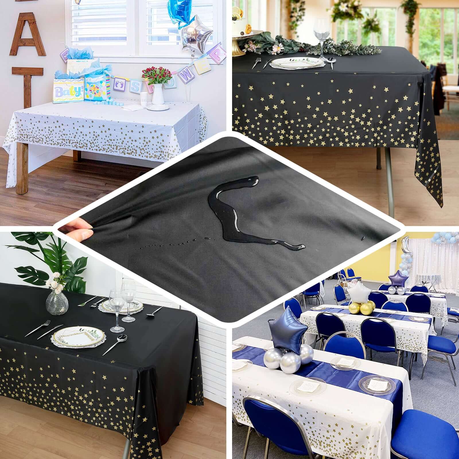 5-Pack Plastic Table Covers White Rectangle with Gold Stars - Decorative PVC Disposable Tablecloths 54x108