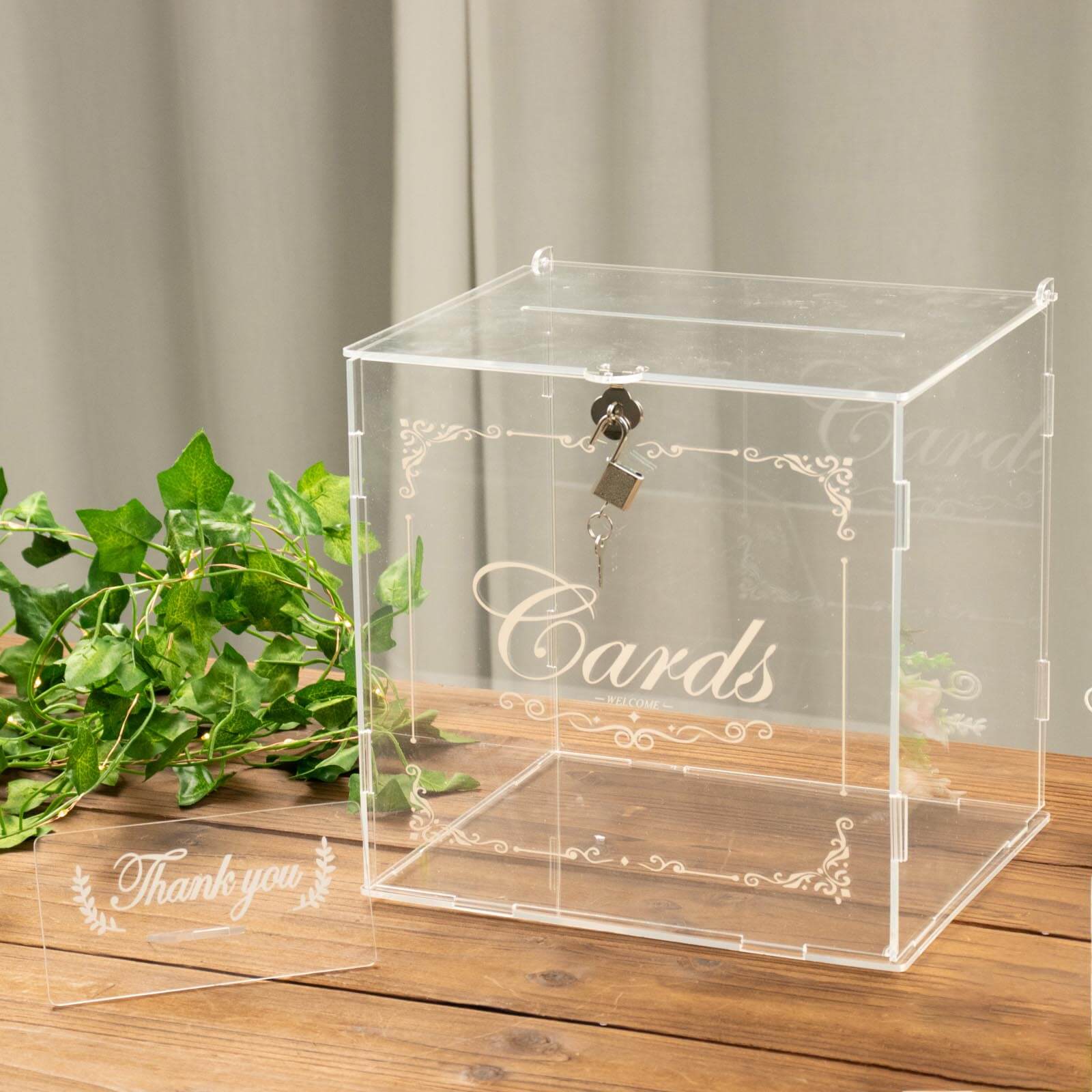 Clear Acrylic Wedding Card Box With Lock, Key & Thank You Sign Stand, Reception Party Money Gift Card Box