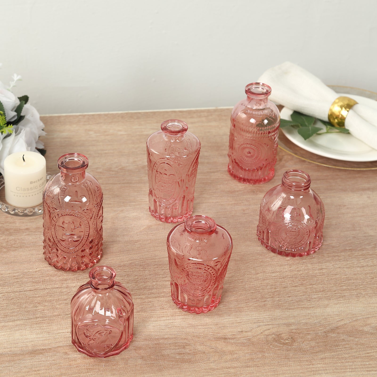 Set of 6 Embossed Glass Bud Vases Vintage Dusty Rose - Apothecary Style Decorative Table Centerpieces