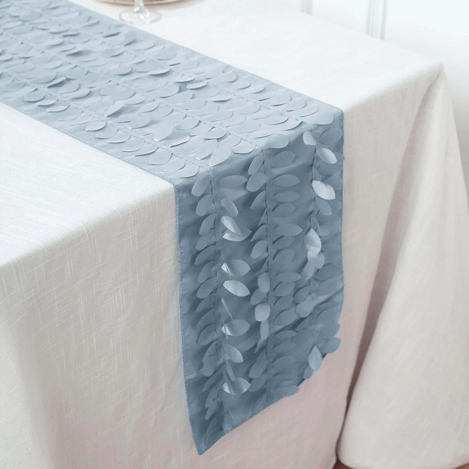 Taffeta Fabric 12x108 Table Runner Dusty Blue - 3D Leaf Petal Design