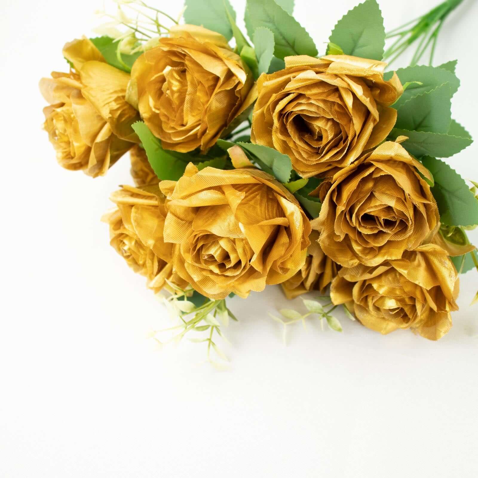 2 Bushes 18 Real Touch Gold Artificial Rose Flower Bouquet, Silk Long Stem Flower Arrangements