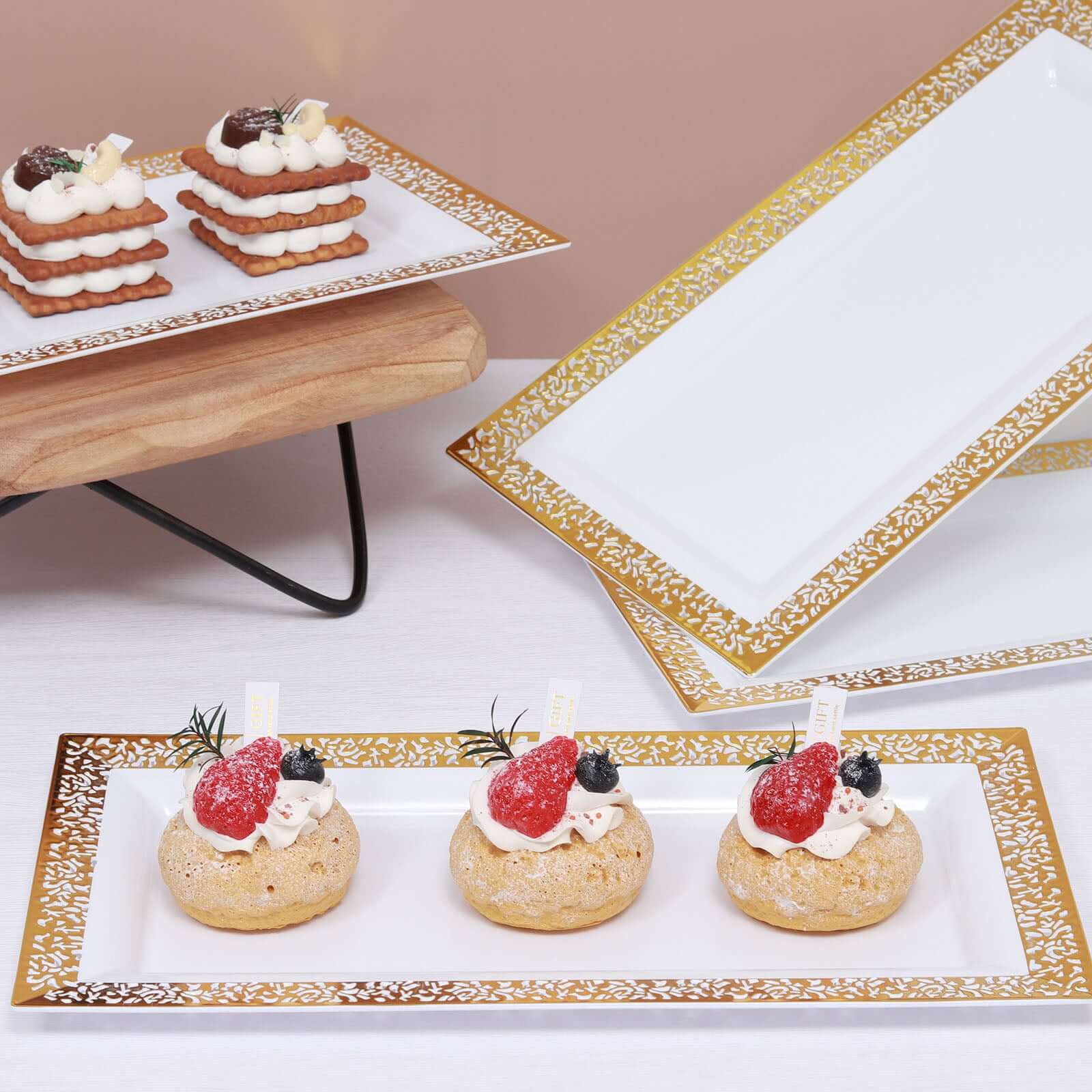 4-Pack Plastic 14 Rectangle Serving Trays White with Gold Lace Rim - Chic Decorative Table Tray Platters for Buffets Banquets Dinner Parties