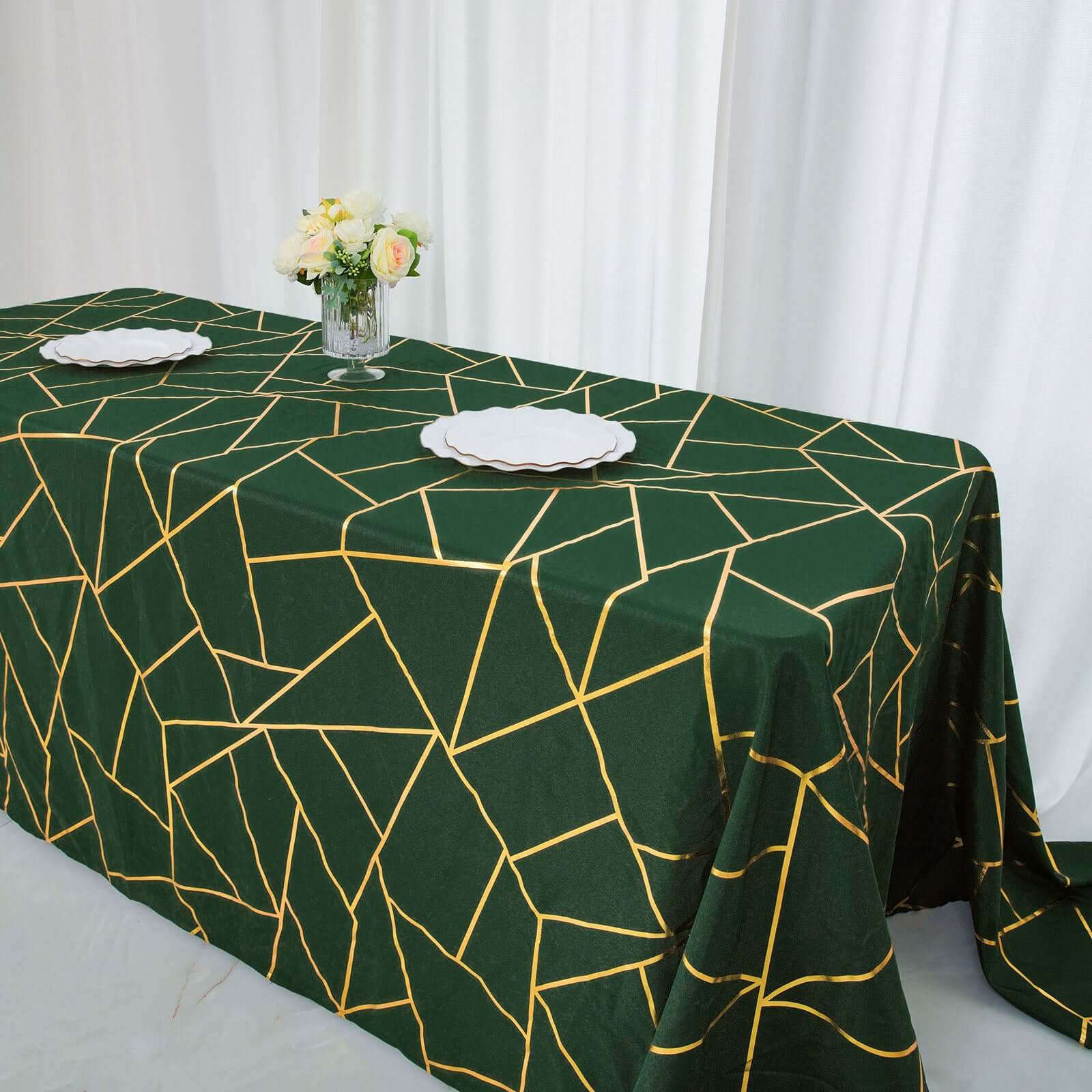 Polyester 90x156 Rectangle Tablecloth Hunter Emerald Green Seamless with Gold Foil Geometric Pattern - Wrinkle-Resistant Seamless Table Cover for Sophisticated Events