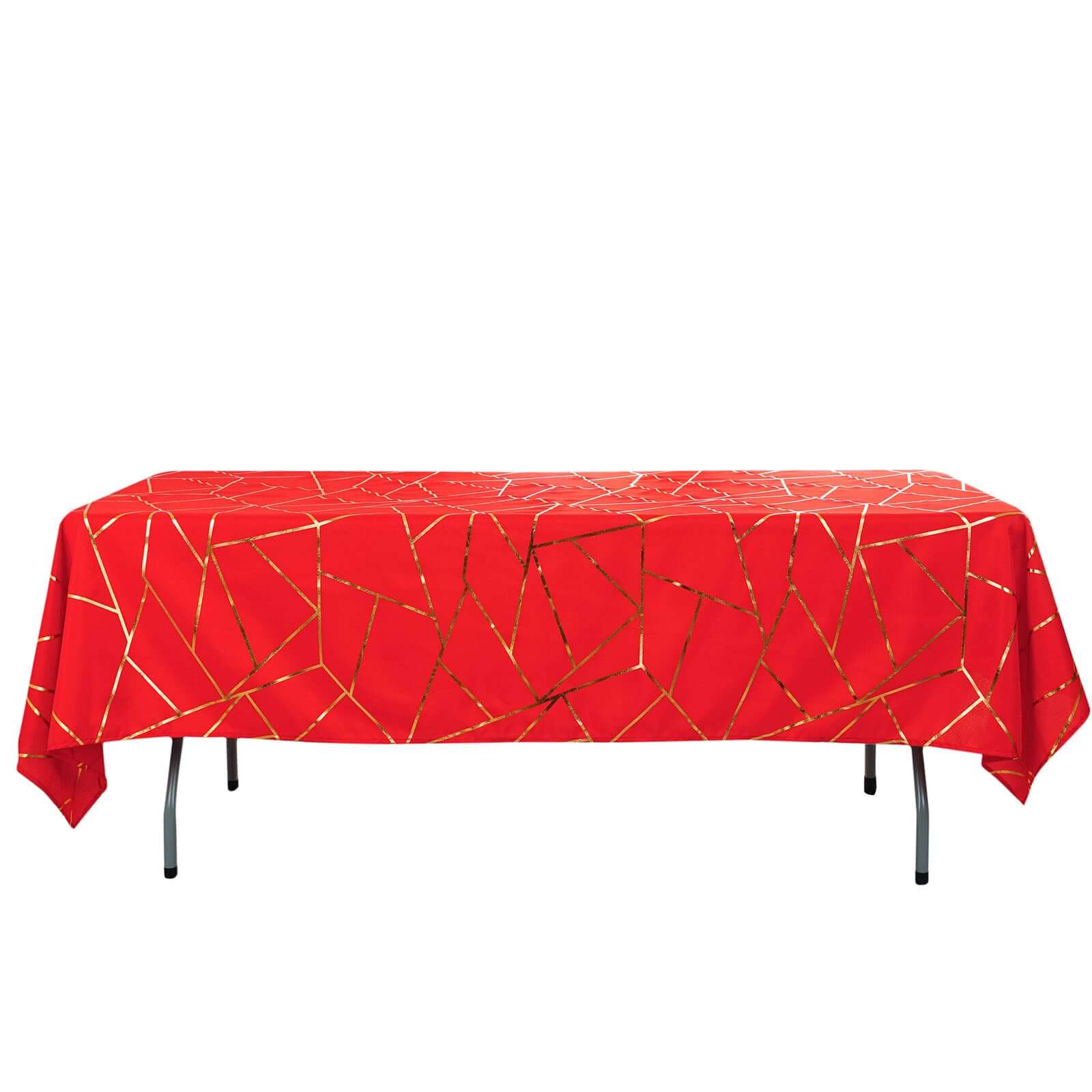 Polyester 60x102 Rectangle Tablecloth Red with Gold Foil Geometric Pattern - Wrinkle-Resistant & Durable Table Cover