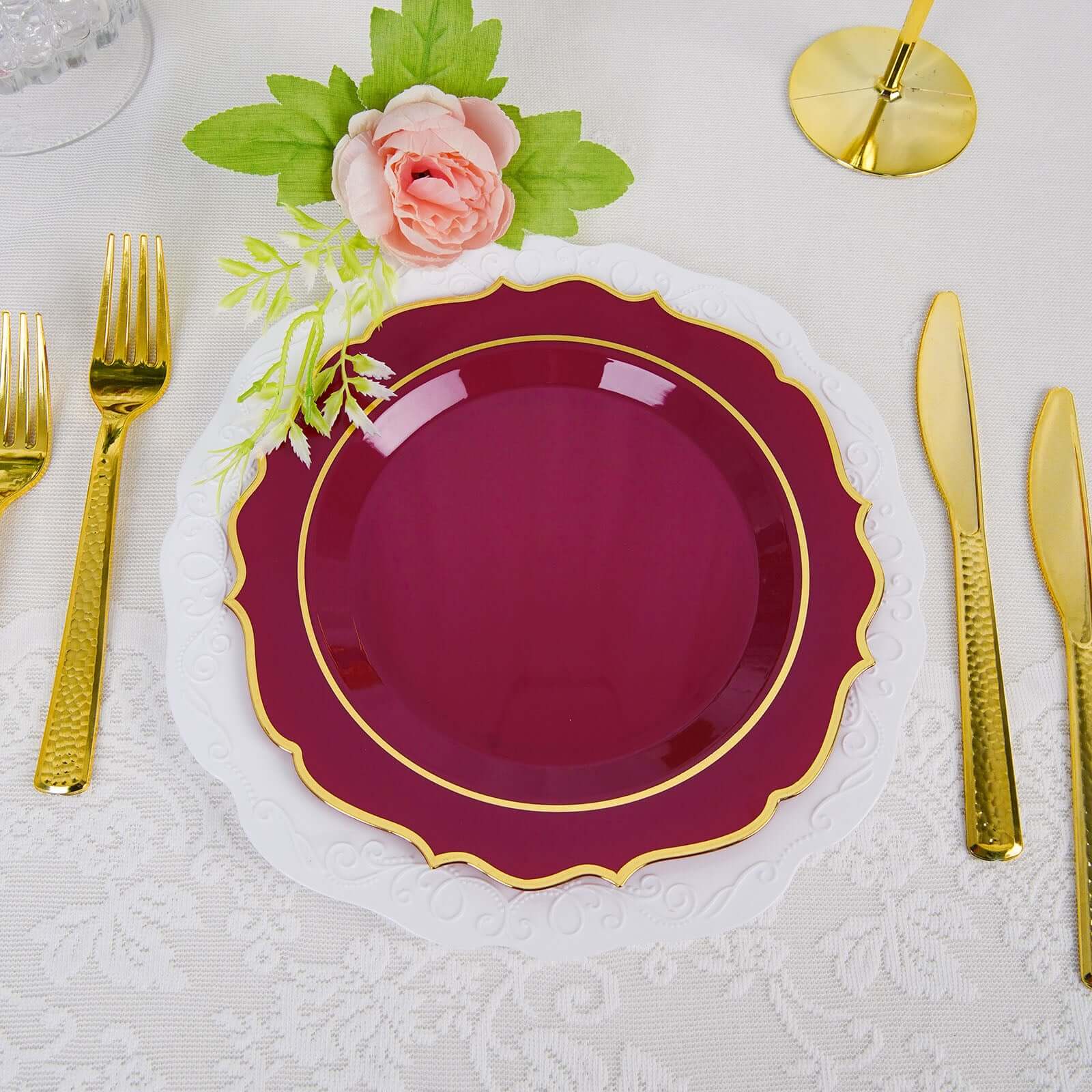 10-Pack Plastic 8 Round Desert Plates in Burgundy with Gold Scalloped Rim - Disposable Appetizer/Salad Plates