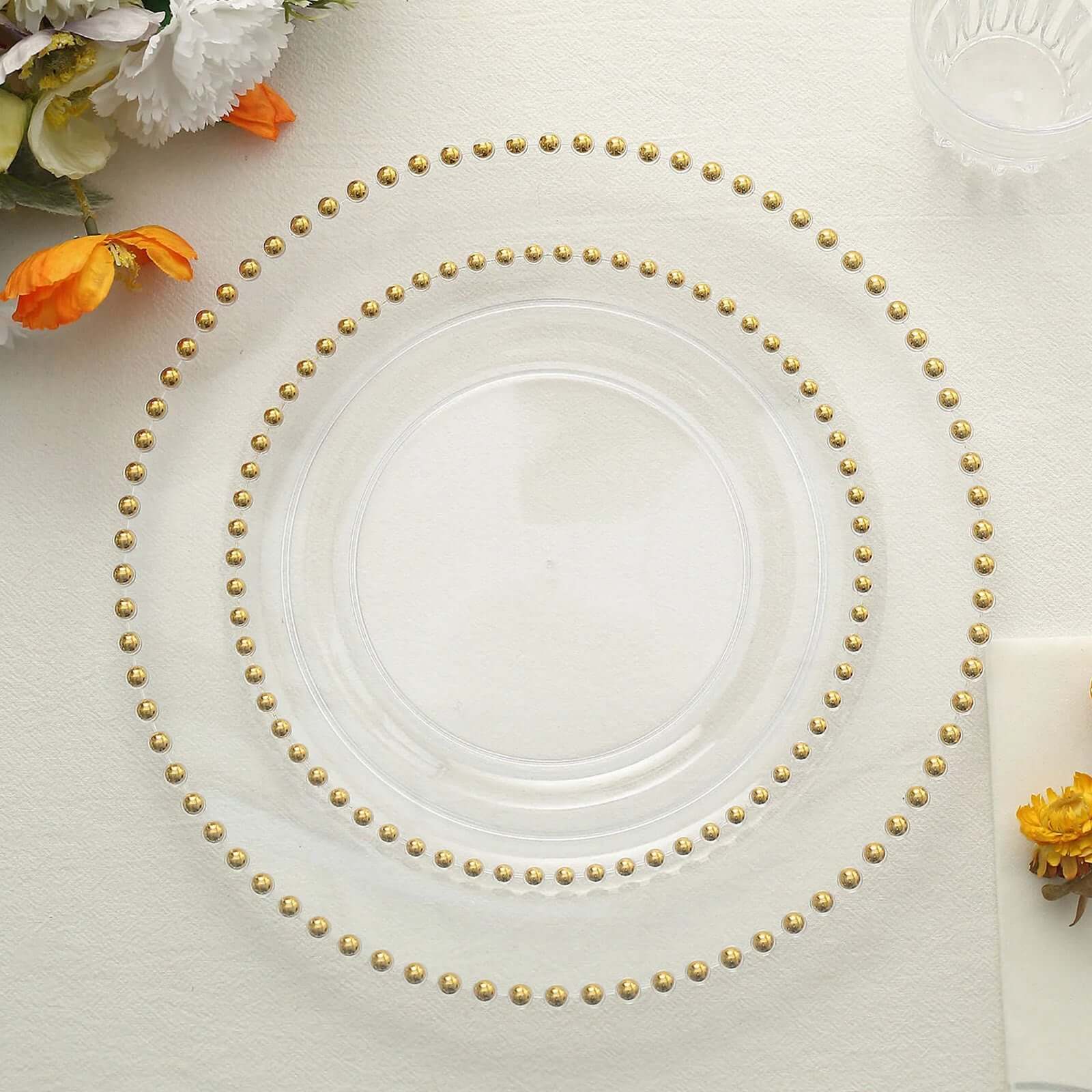 10-Pack Plastic 8 Round Appetizer Dessert Plates in Clear with Gold Beaded Rim - Disposable Salad Plates