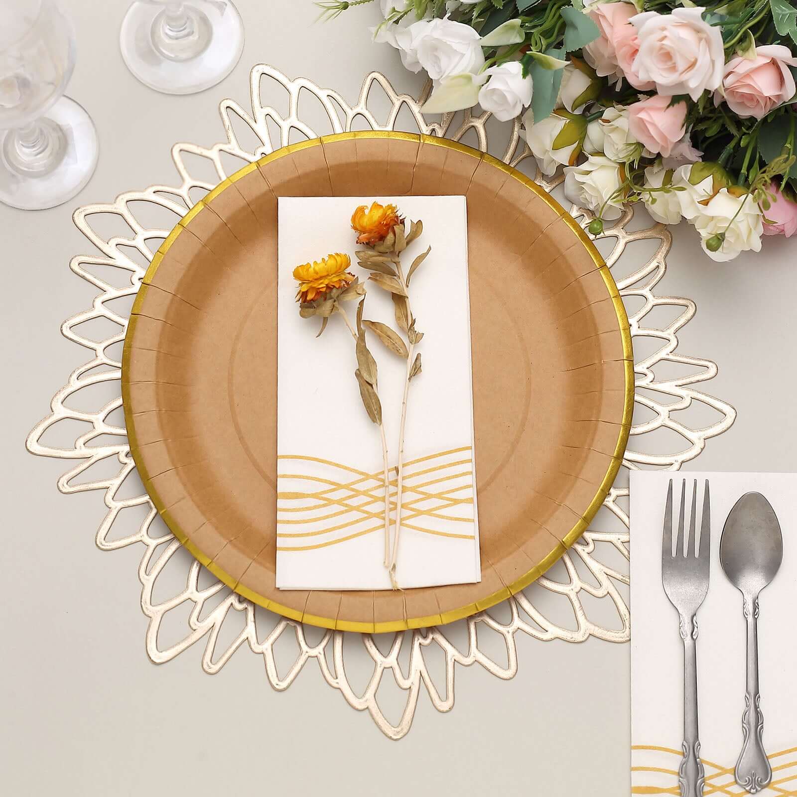 25-Pack Kraft Paper 10 Round Dinner Plates in Natural Brown with Gold Lined Rim - Disposable Party Plates for Rustic & Vintage Inspired Events