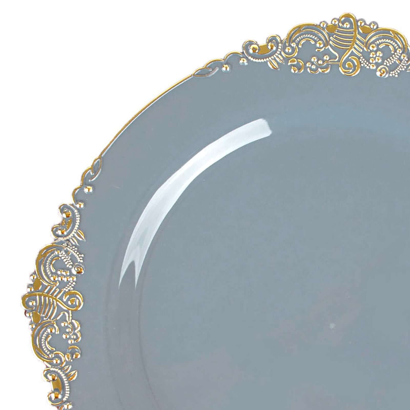 10-Pack Plastic 10 Round Dinner Plates in Dusty Blue with Gold Leaf Embossed Rim - Disposable Vintage Baroque Style Plates