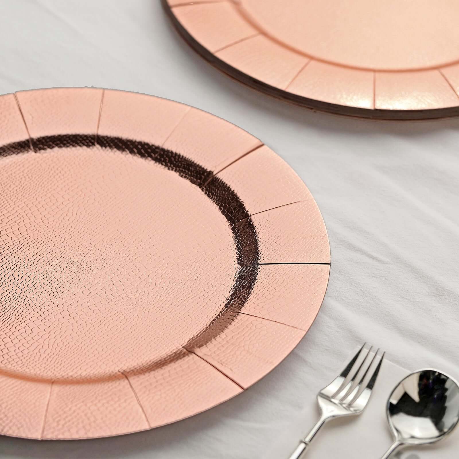 10-Pack Disposable Round Charger Plates in Rose Gold with Leathery Texture - Durable 1100GSM Cardboard Placemats 13