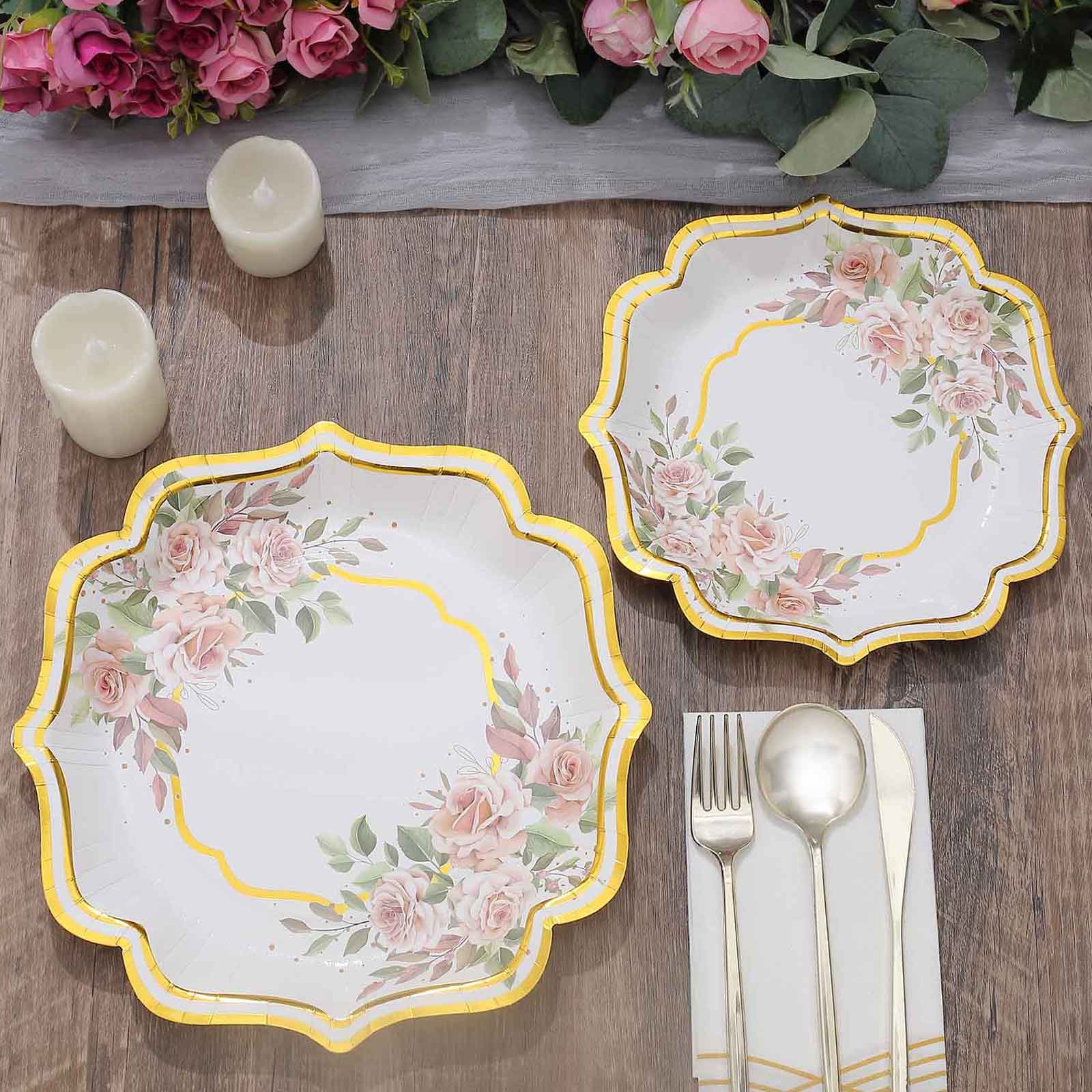 25-Pack Paper 8 Dessert Plates in White with Floral Print & Gold Scallop Rim - Disposable 300GSM Appetizer Salad Plates for Cocktail Events & Receptions