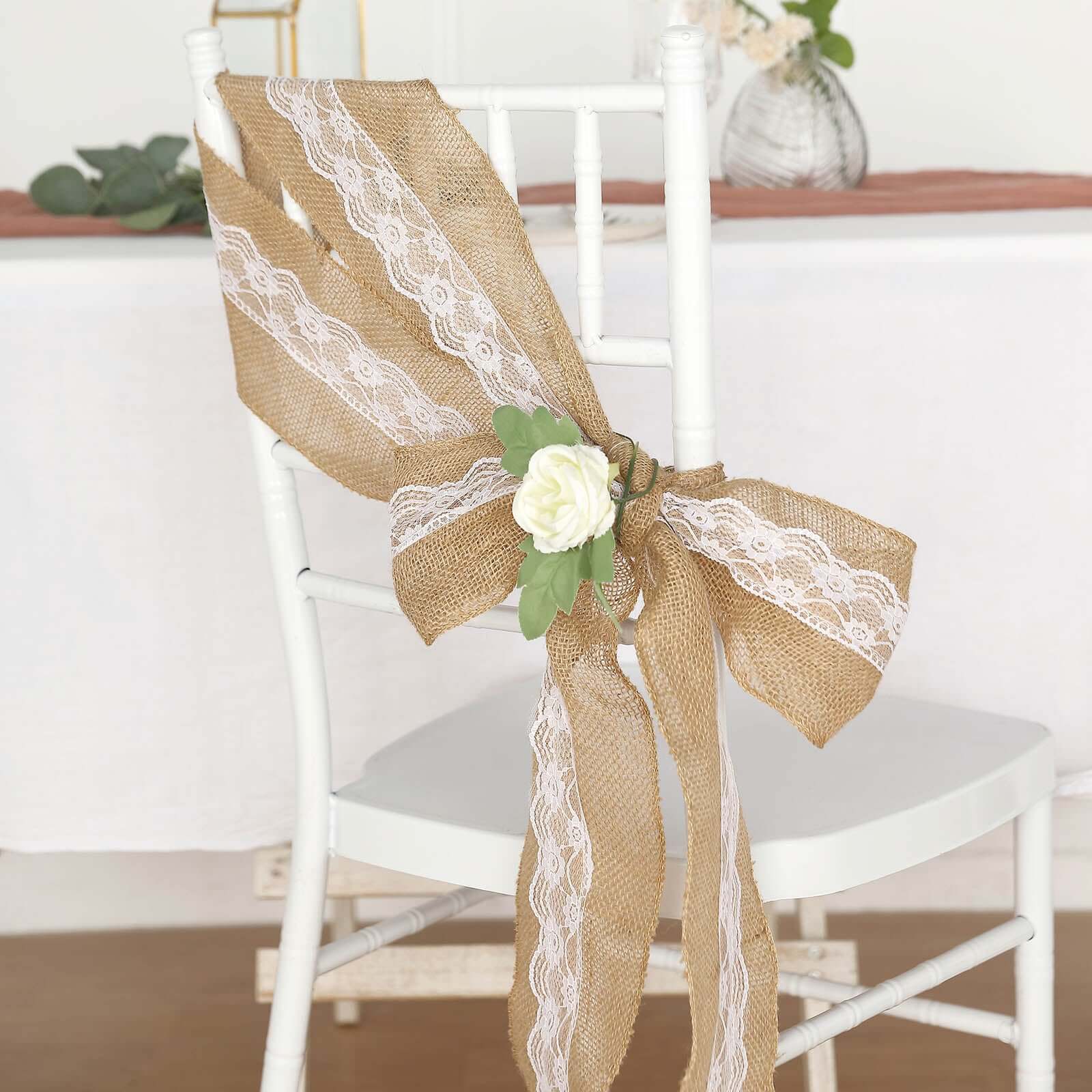 Natural Burlap Chair Sash 5x108 with Lace Hessian Jute - Rustic Bow Design for Weddings & Gatherings