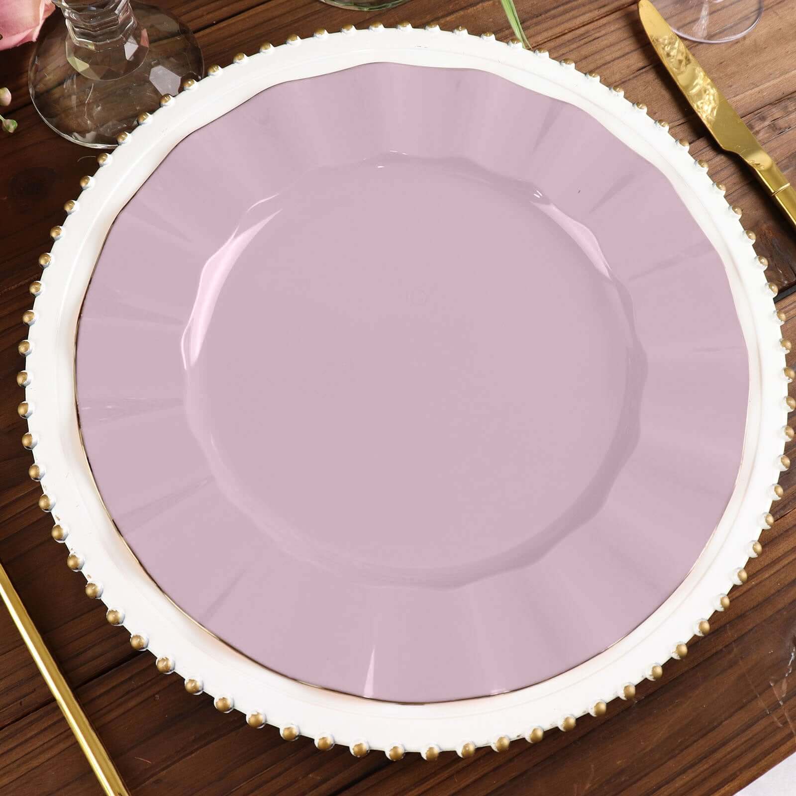 10-Pack Plastic 11 Round Dinner Plates in Lavender Lilac Ruffled Rim with Gold Edging - Sturdy Disposable Dinnerware