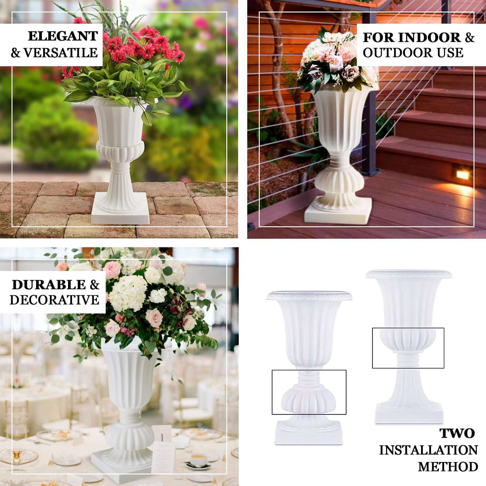 2 Pack 20 White Urn Planter, Floral Pedestal Flower Pot Plant Stand - PVC