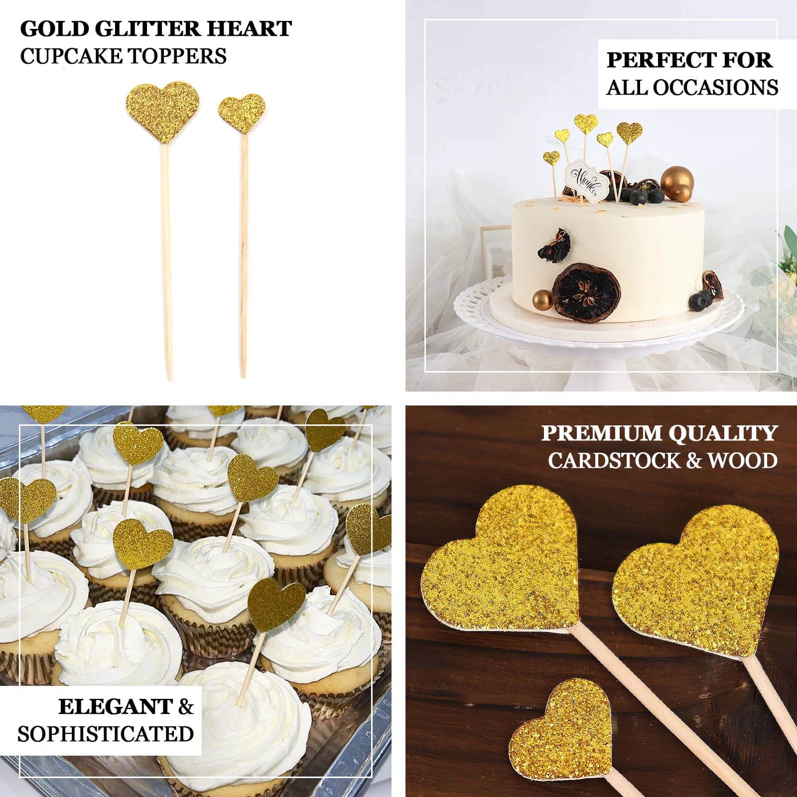 24-Pack Cupcake Topper Picks Heart Shaped Design Glitter Gold - Party Cake Toppers 4.5, 4