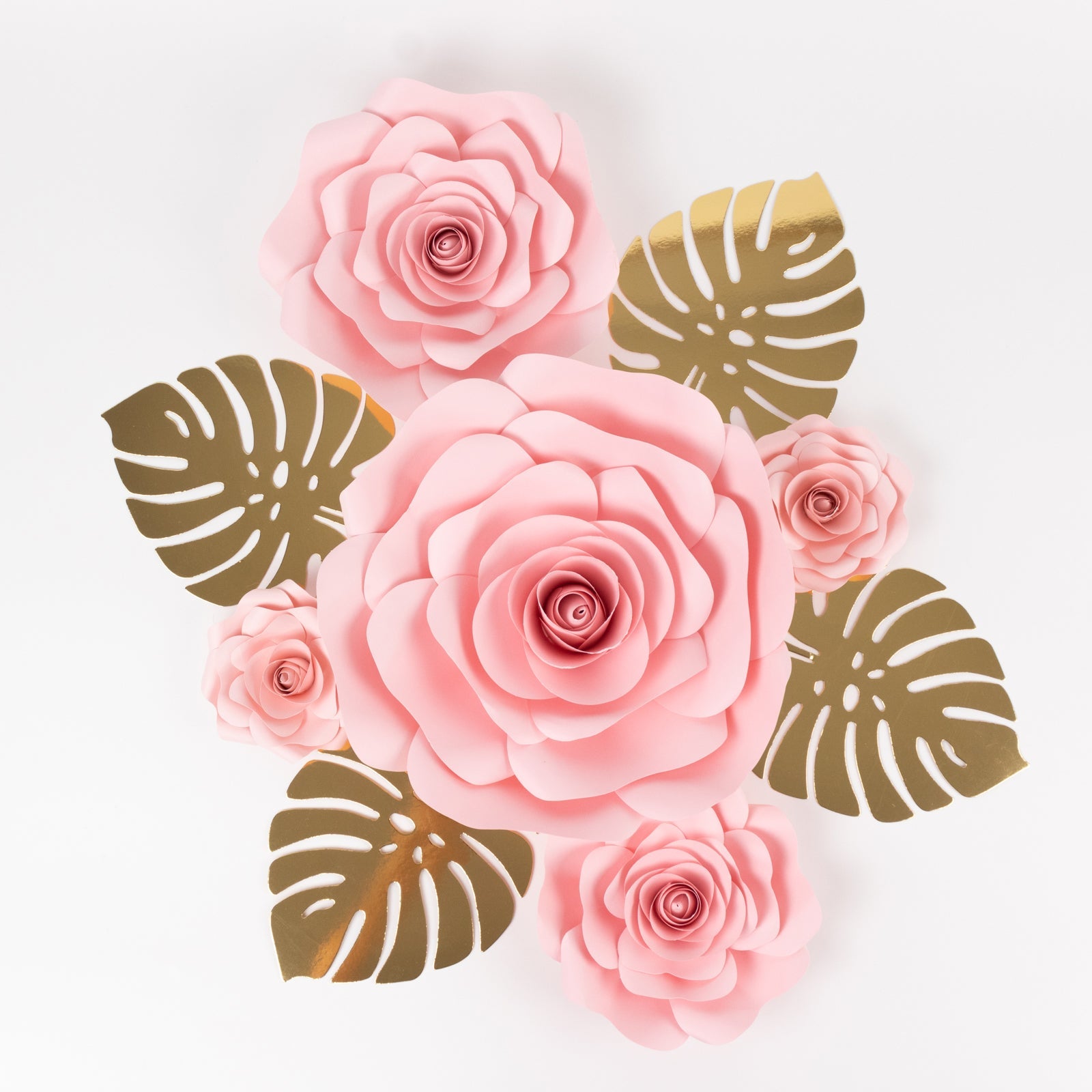 Set of 9 Pink 3D Rose Paper Flowers with Gold Tropical Palm Leaves, Party Flower Backdrop Hanging Wall Decor