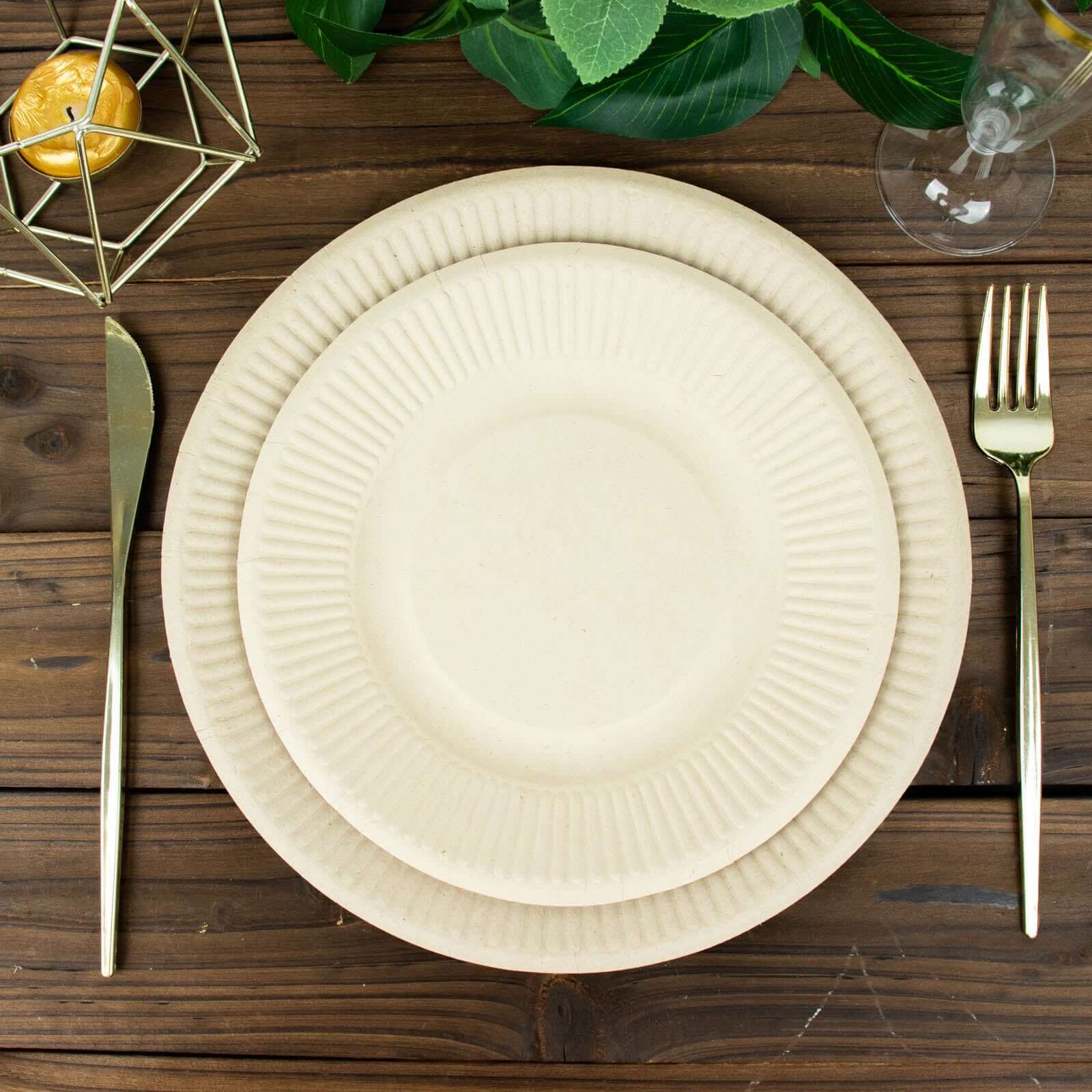 50-Pack Bagasse 8 Round Dessert Plates in Natural with Ribbed Rim - Eco Friendly Sugarcane Appetizer/Salad Plates for Parties & Events