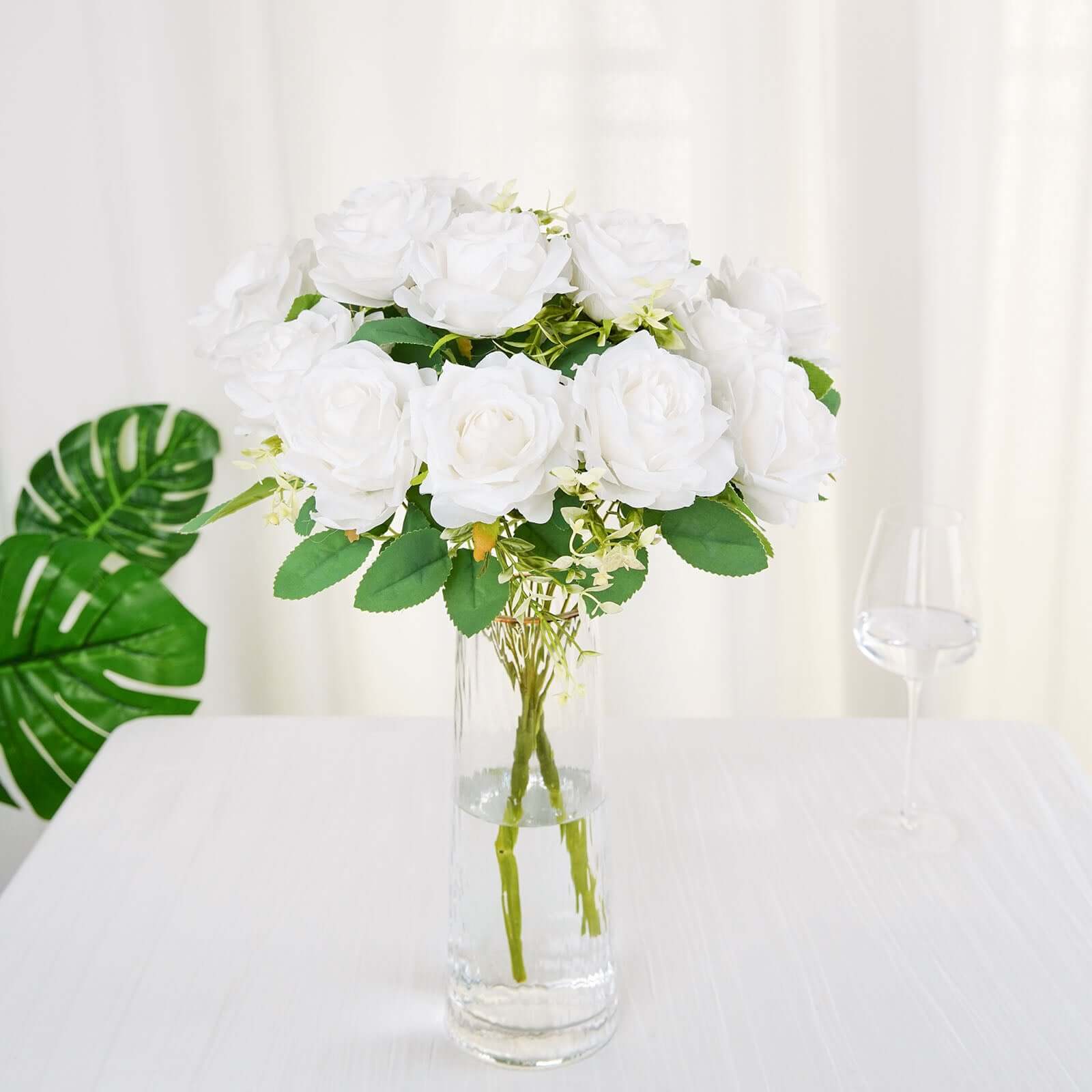 2 Bushes 18 Real Touch White Artificial Rose Flower Bouquet, Silk Long Stem Flower Arrangements