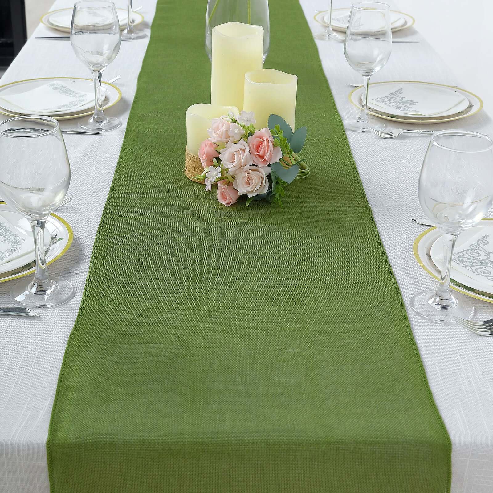 Faux Linen 14x108 Table Runner Moss Green - Rustic Style Table Decor