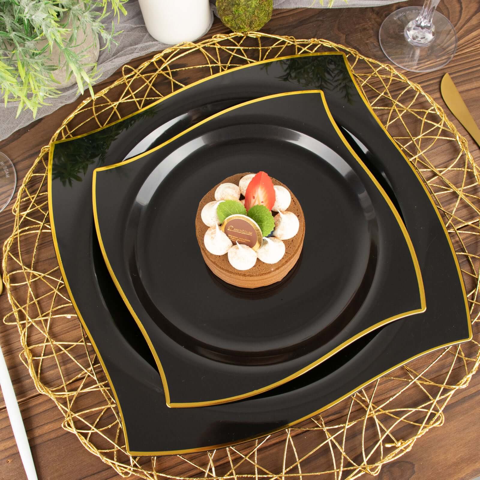 10-Pack Plastic 8 Square Dessert Plates in Black with Gold Wavy Rim Modern - Disposable Salad Appetizer Party Plates