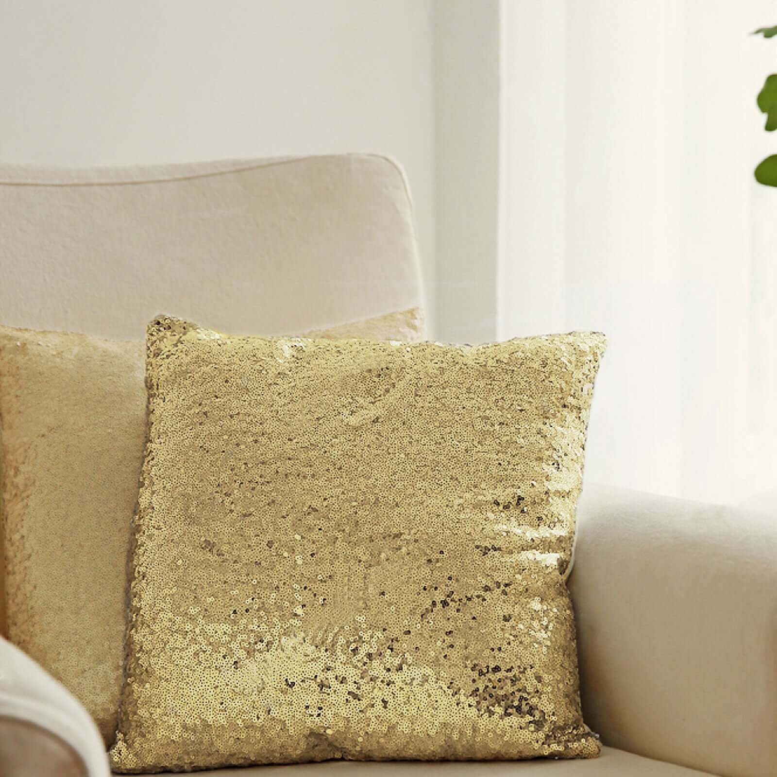 2 Pack 18x18 Sequin Throw Pillow Cover, Decorative Cushion Case - Square Champagne Sequin