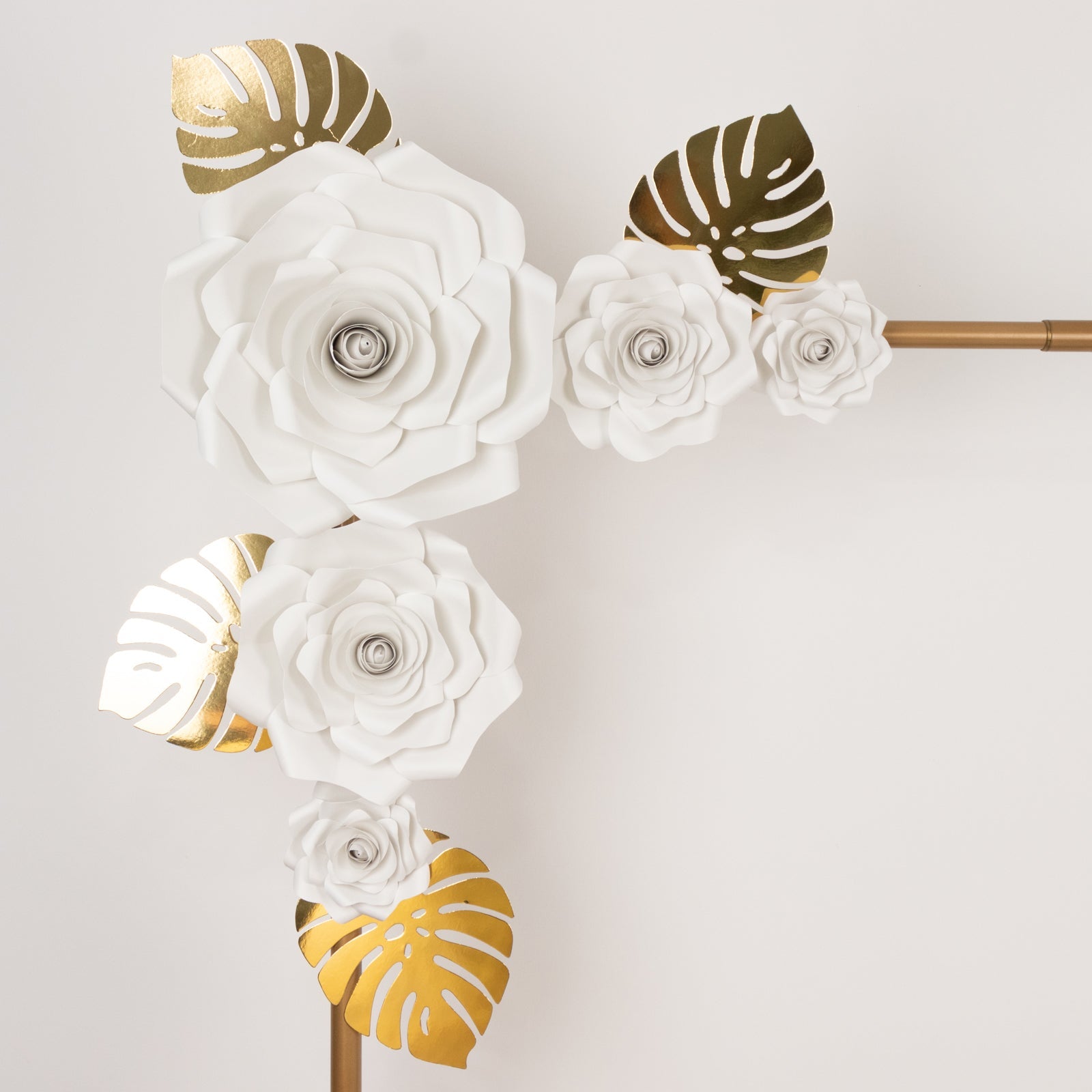 Set of 9 White 3D Rose Paper Flowers with Gold Tropical Palm Leaves, Party Flower Backdrop Hanging Wall Decor