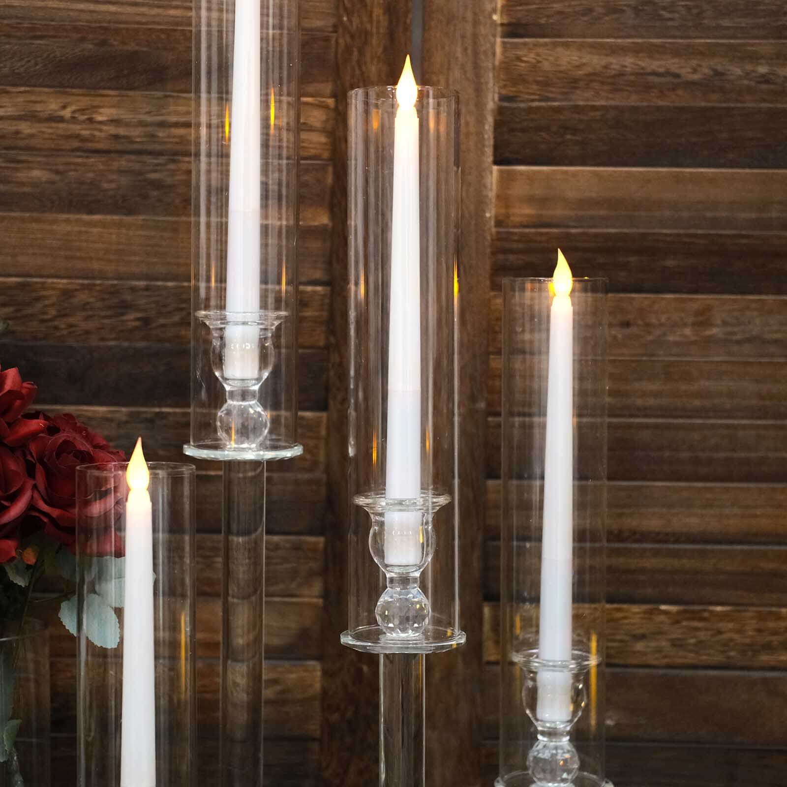 Set of 4 Crystal Glass Hurricane Taper Candle Holders, Decorative Tall Candle Stands Clear Cylinder Chimney Tubes 14, 18, 22, 26