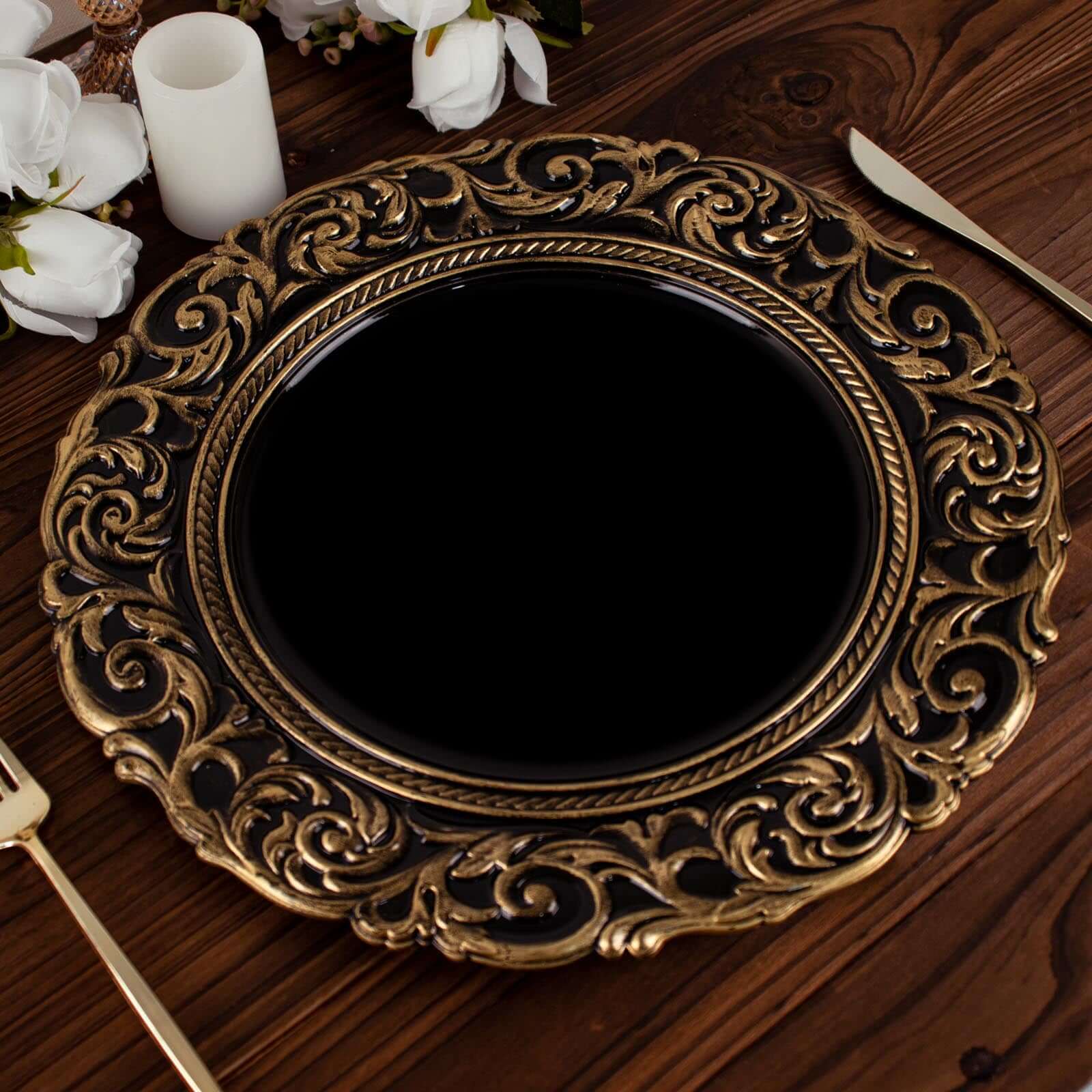 6-Pack Acrylic Round Charger Plates 14 in Black with Gold Engraved Baroque Rim, Vintage Disposable Decorative Chargers