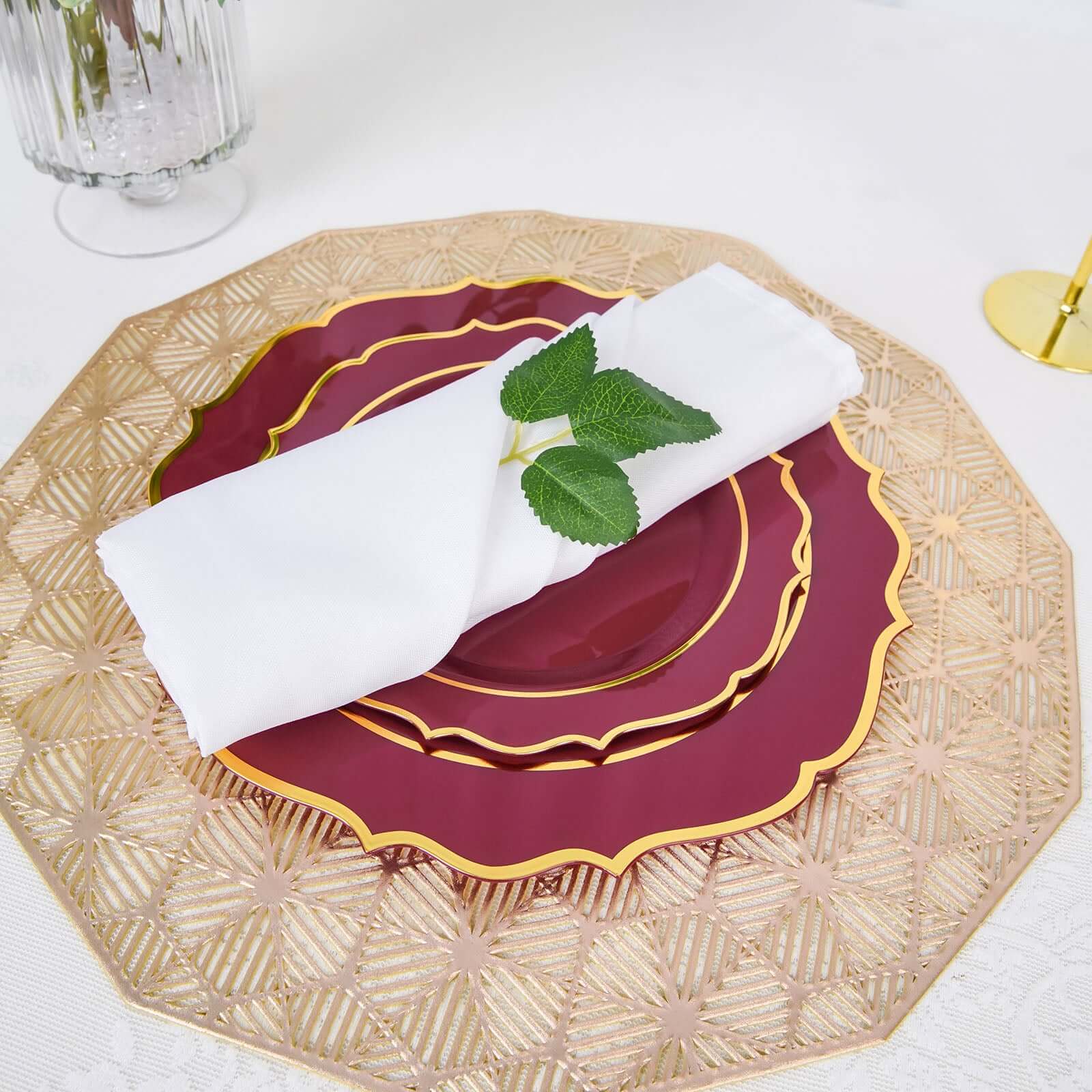 10-Pack Plastic 8 Round Desert Plates in Burgundy with Gold Scalloped Rim - Disposable Appetizer/Salad Plates