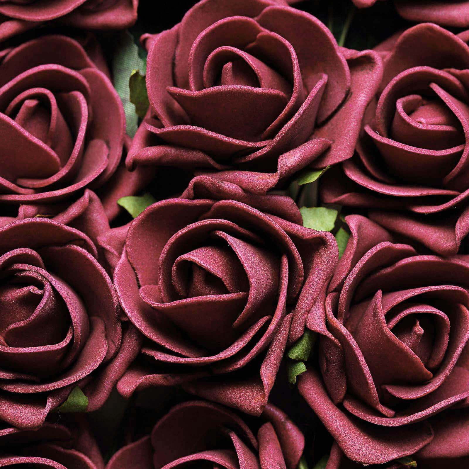 24 Roses 2 Burgundy Artificial Foam Flowers With Stem Wire and Leaves