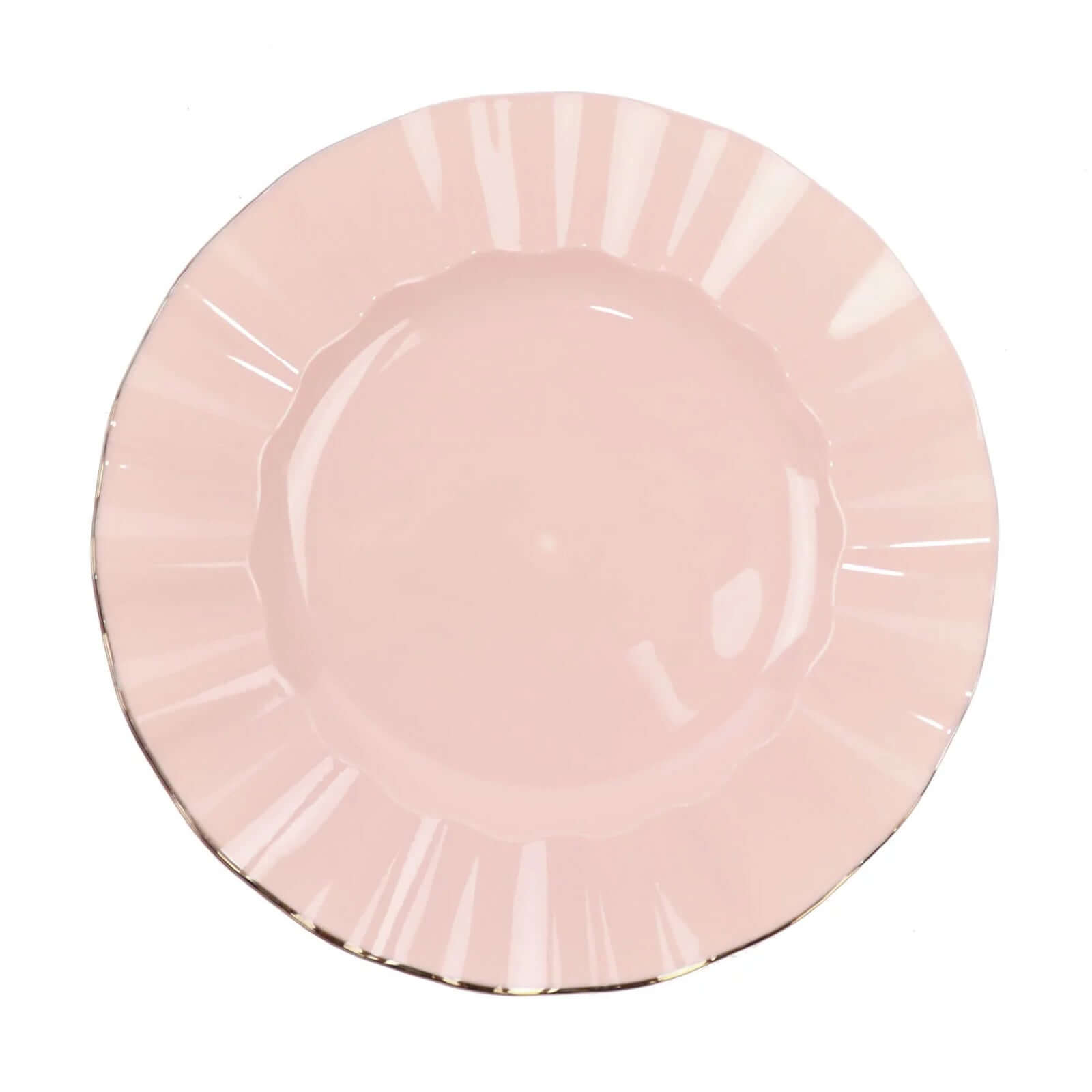 10-Pack Plastic 9 Round Dinner Plates in Blush Ruffled Rim with Gold Edging - Sturdy Disposable Dinnerware