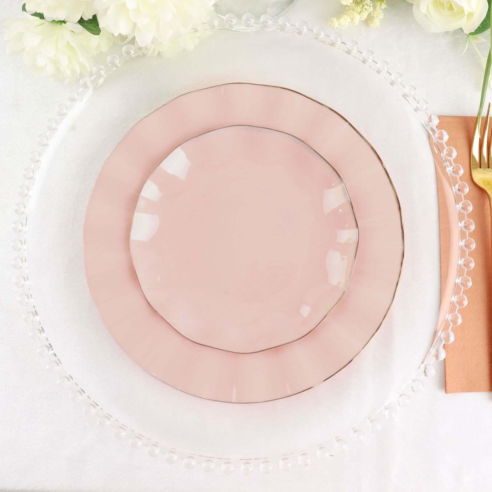 10-Pack Plastic Round 6 Dessert Plates in Blush Ruffled Rim with Gold Edging - Sturdy Disposable Salad Appetizer Dinnerware