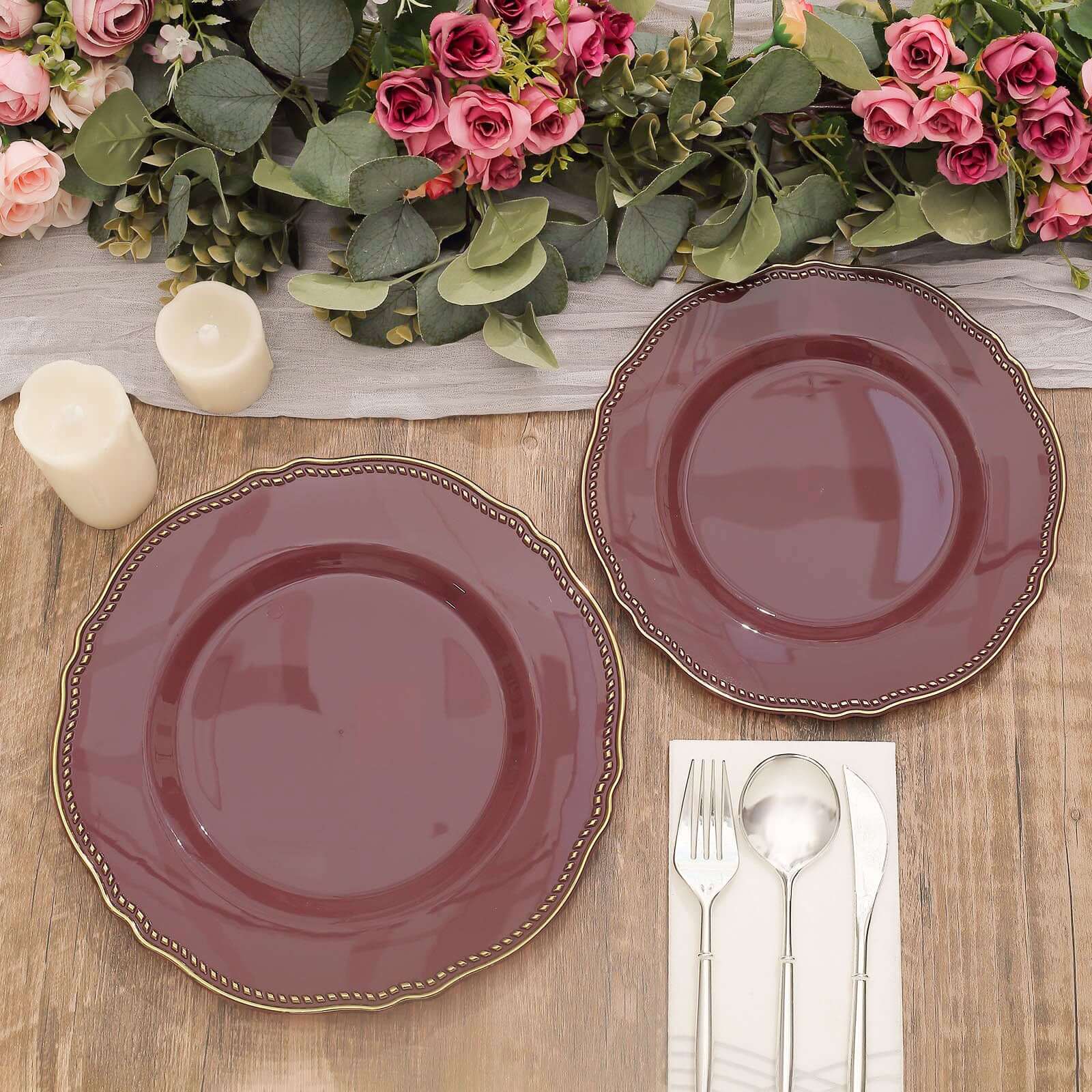 10-Pack Plastic 10 Dinner Plates in Cinnamon Rose with Gold Scalloped Rim - Disposable Large Party Plates