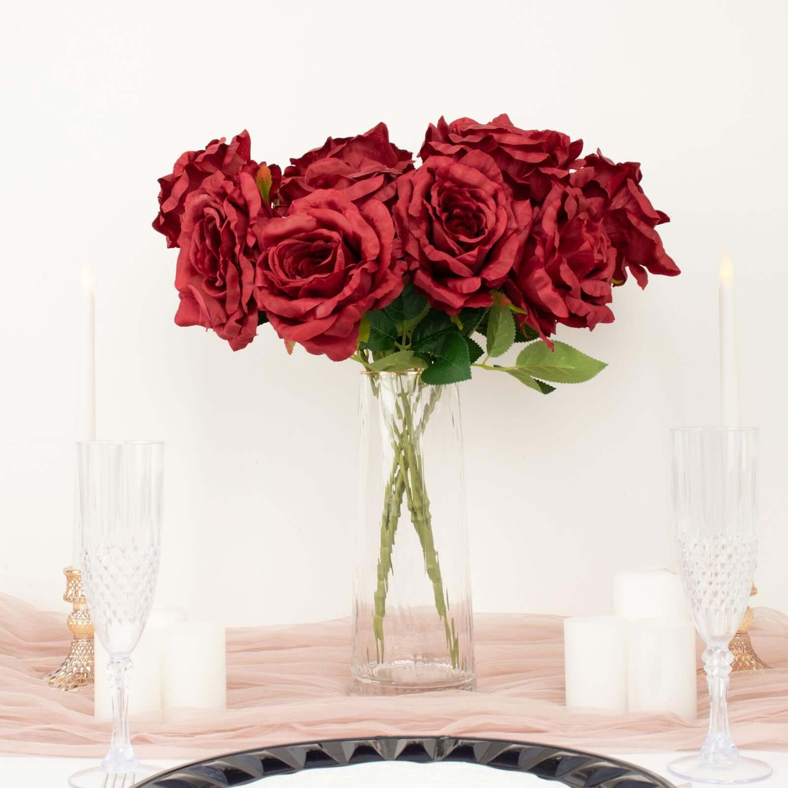 2 Bushes 17 Burgundy Premium Silk Jumbo Rose Flower Bouquet, High Quality Artificial Wedding Floral Arrangements