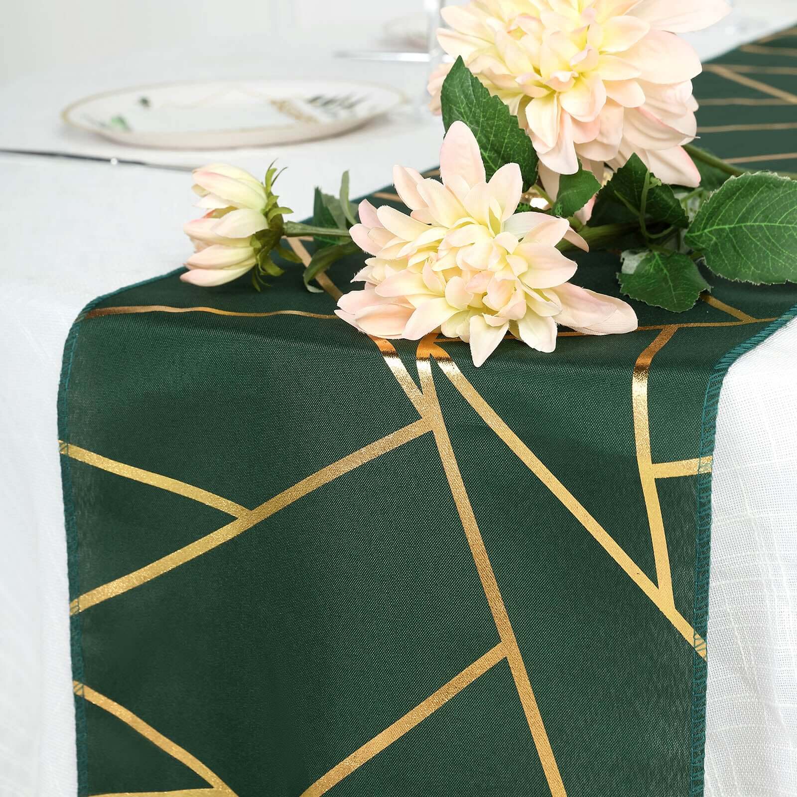 Polyester 9ft Table Runner Hunter Emerald Green with Gold Foil Modern Geometric Accent