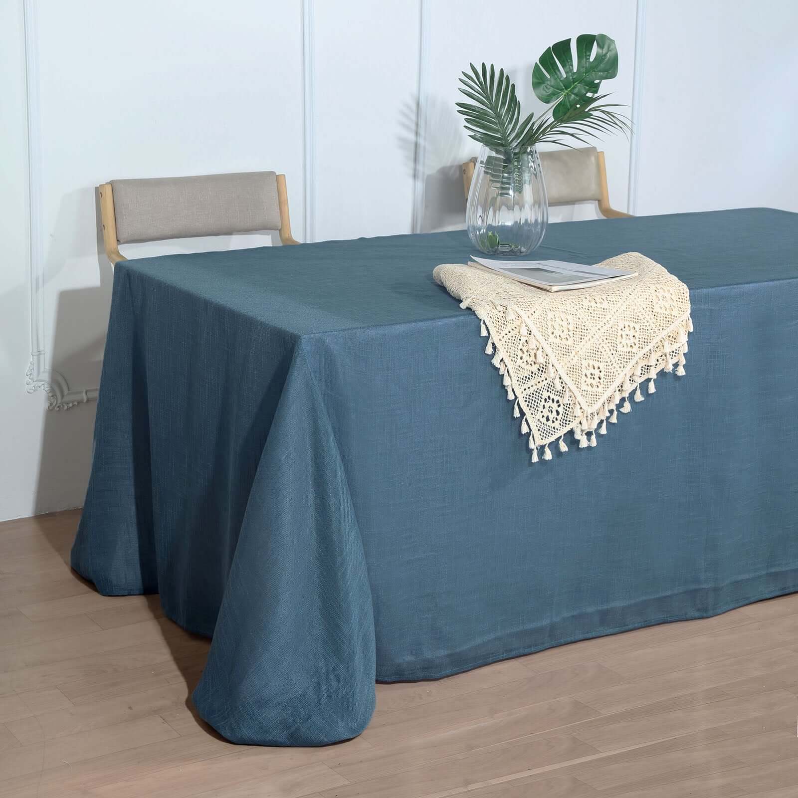 Faux Linen 90x132 Rectangular Tablecloth Blue - Slubby Texture Wrinkle-Resistant Seamless Table Cover