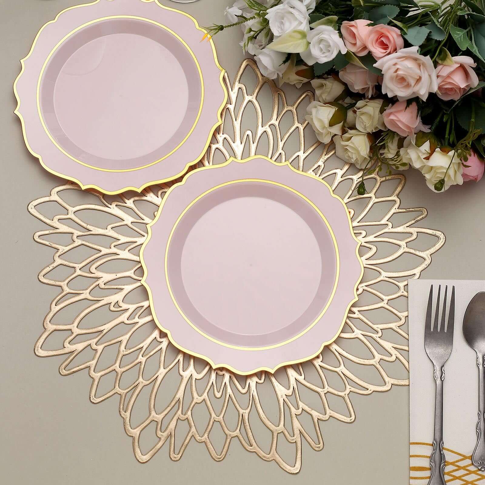 10-Pack Plastic 8 Round Desert Plates in Blush with Gold Scalloped Rim - Disposable Appetizer/Salad Plates