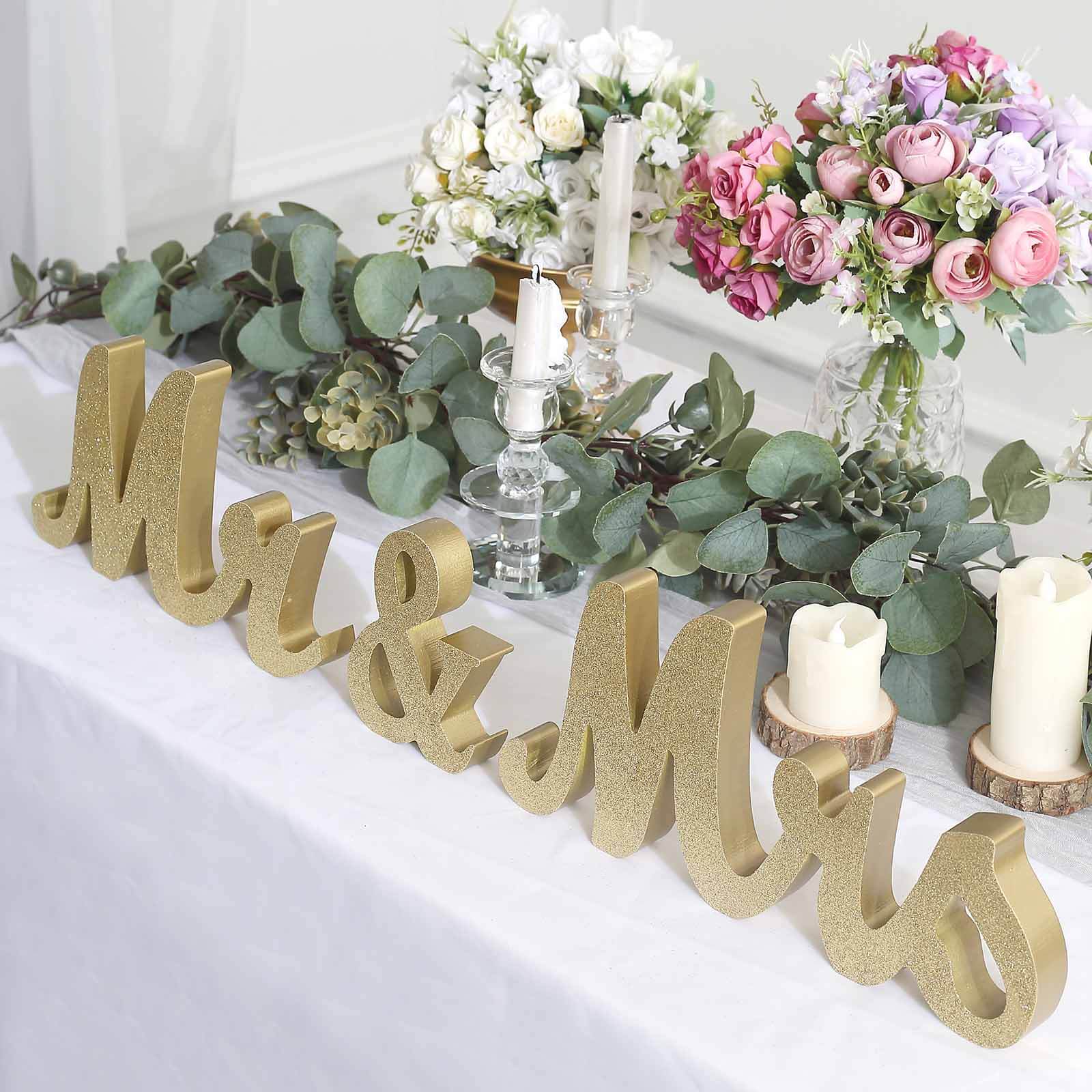 Wooden Mr & Mrs Freestanding Letters Gold Glittered - Rustic Glam Wedding Table Display Signs