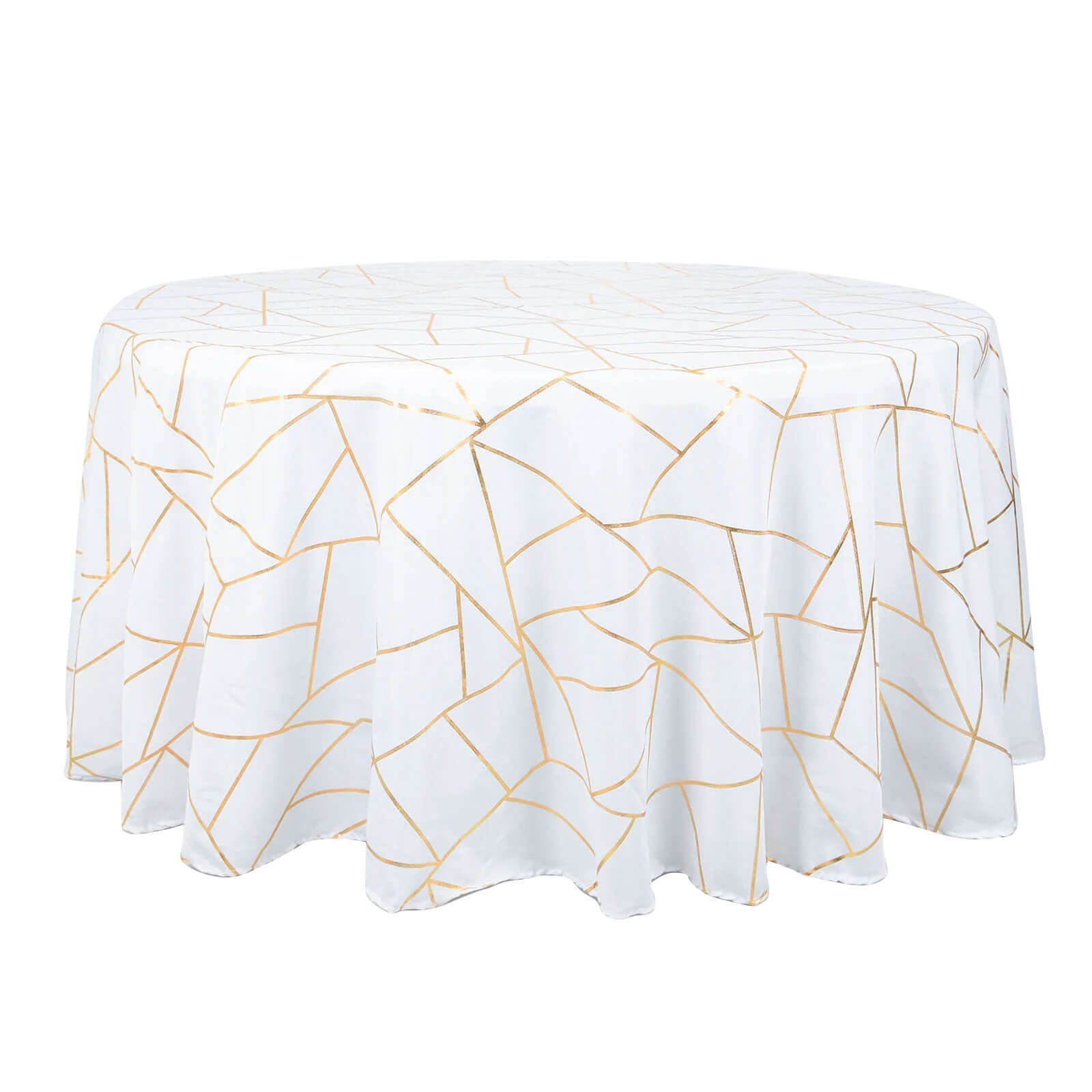 Polyester 120 Round Tablecloth White with Gold Foil Geometric Pattern Wrinkle-Resistant Modern Seamless Table Cover