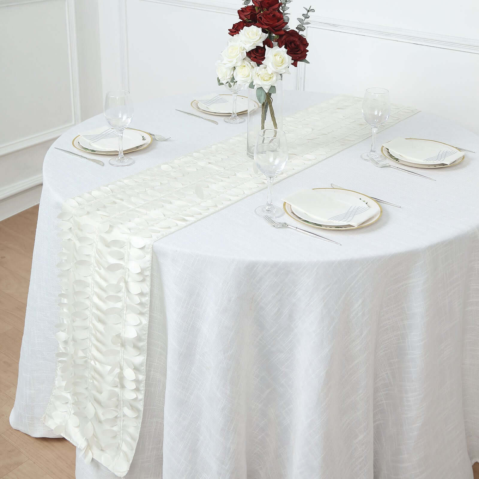 Taffeta Fabric 12x108 Table Runner Ivory - 3D Leaf Petal Design